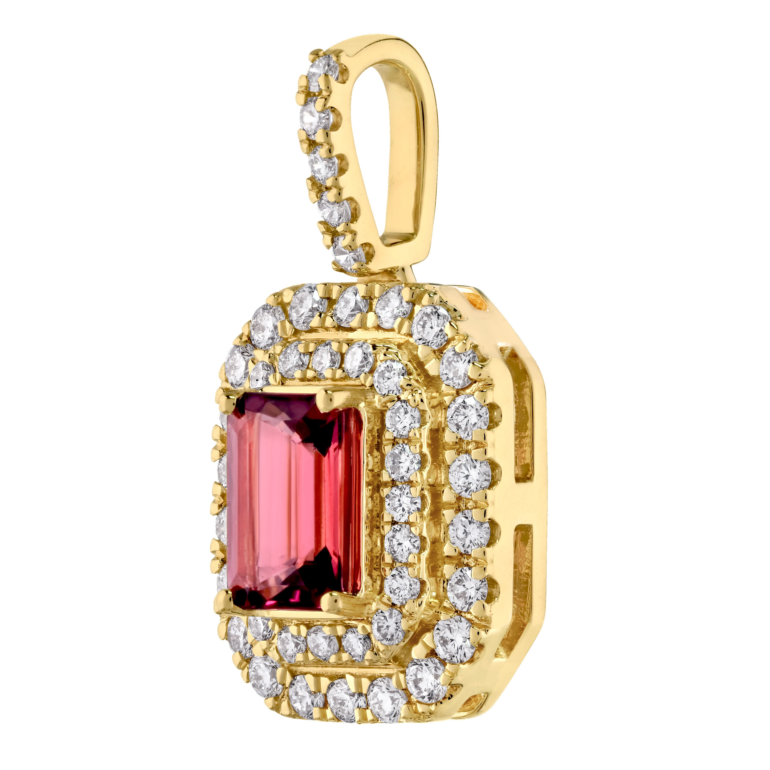 RedVelvet&trade; 14K Yellow Gold Emerald Cut Double Halo Diamond Bail Pendant 1.45 Ctw Natural Rubellite