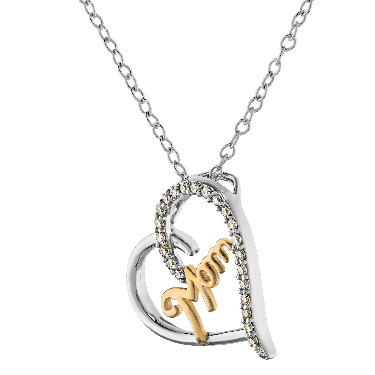 10K Two Tone Script 'MOM' in Cutout Heart Diamond Pendant 0.15 Ctw