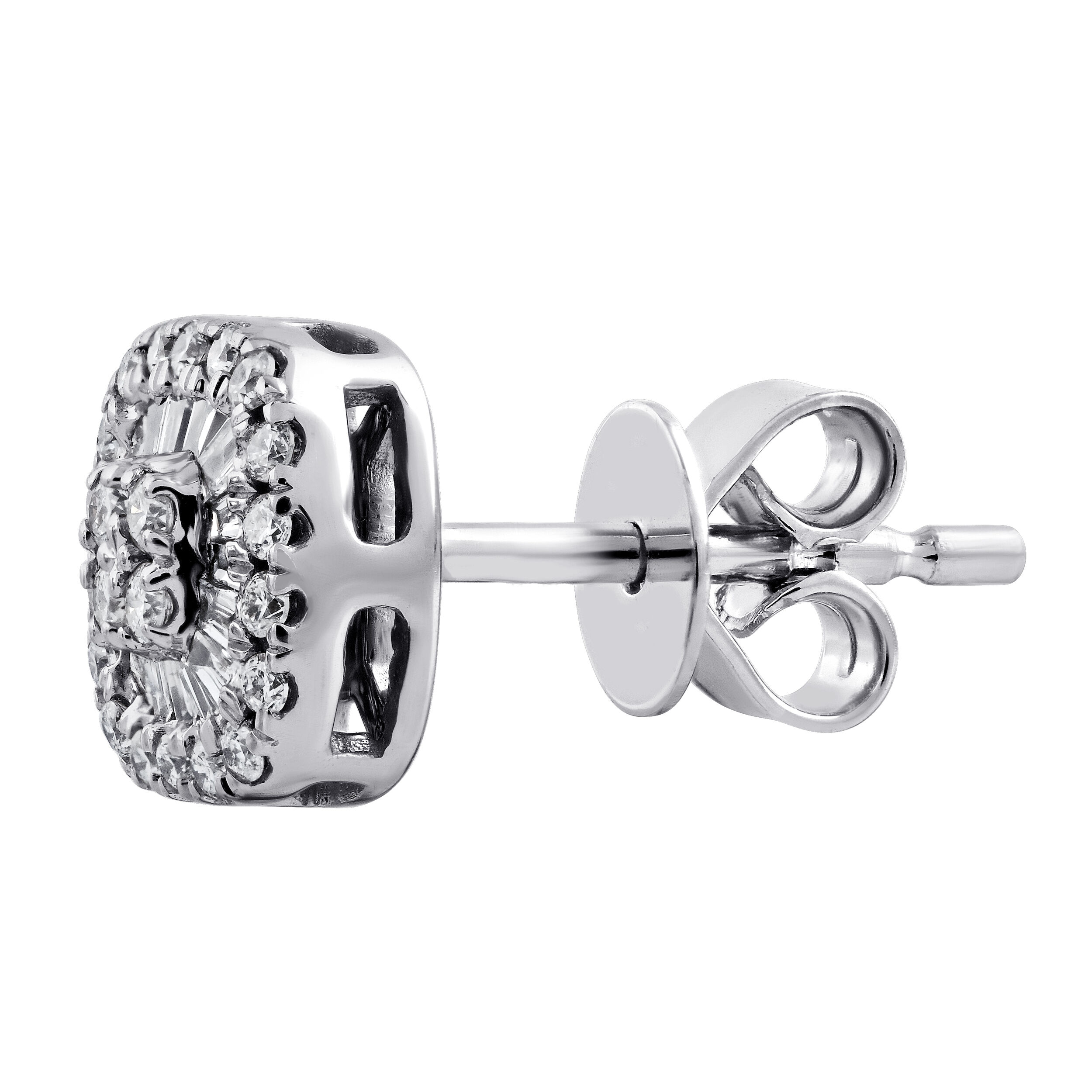 10K White Gold Cushion Shape Baguette & Round Cluster with Halo Studs Earrings Diamond 0.33 Ctw