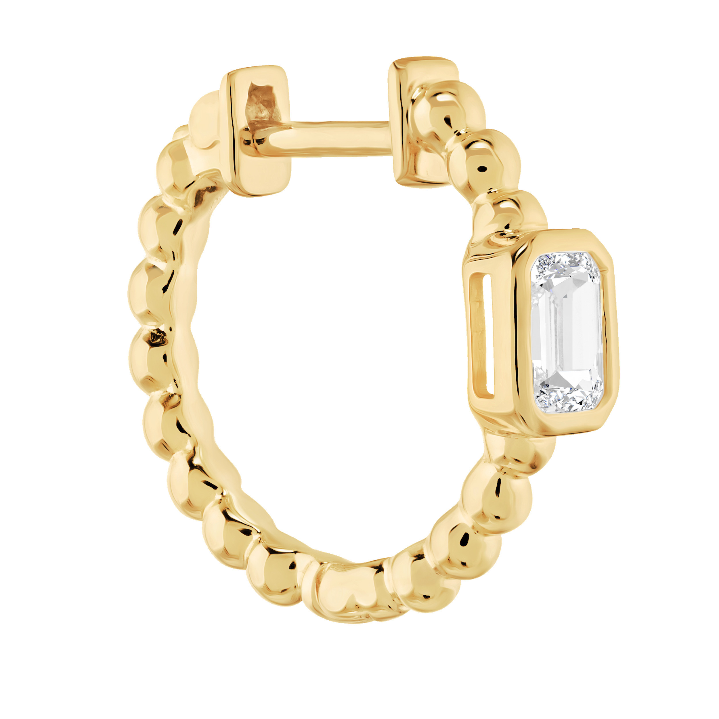 14K Yellow Gold Beaded Hoops with Bezel Set Emerald Cut Diamond Earrings 0.40 Ctw