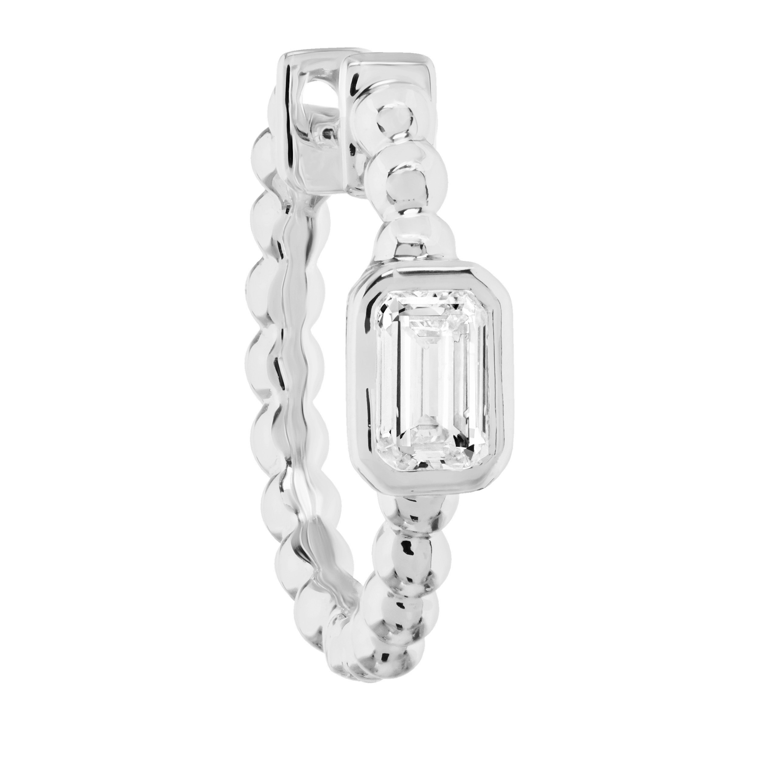 14K White Gold Beaded Hoops with Bezel Set Emerald Cut Diamond Earrings 0.40 Ctw