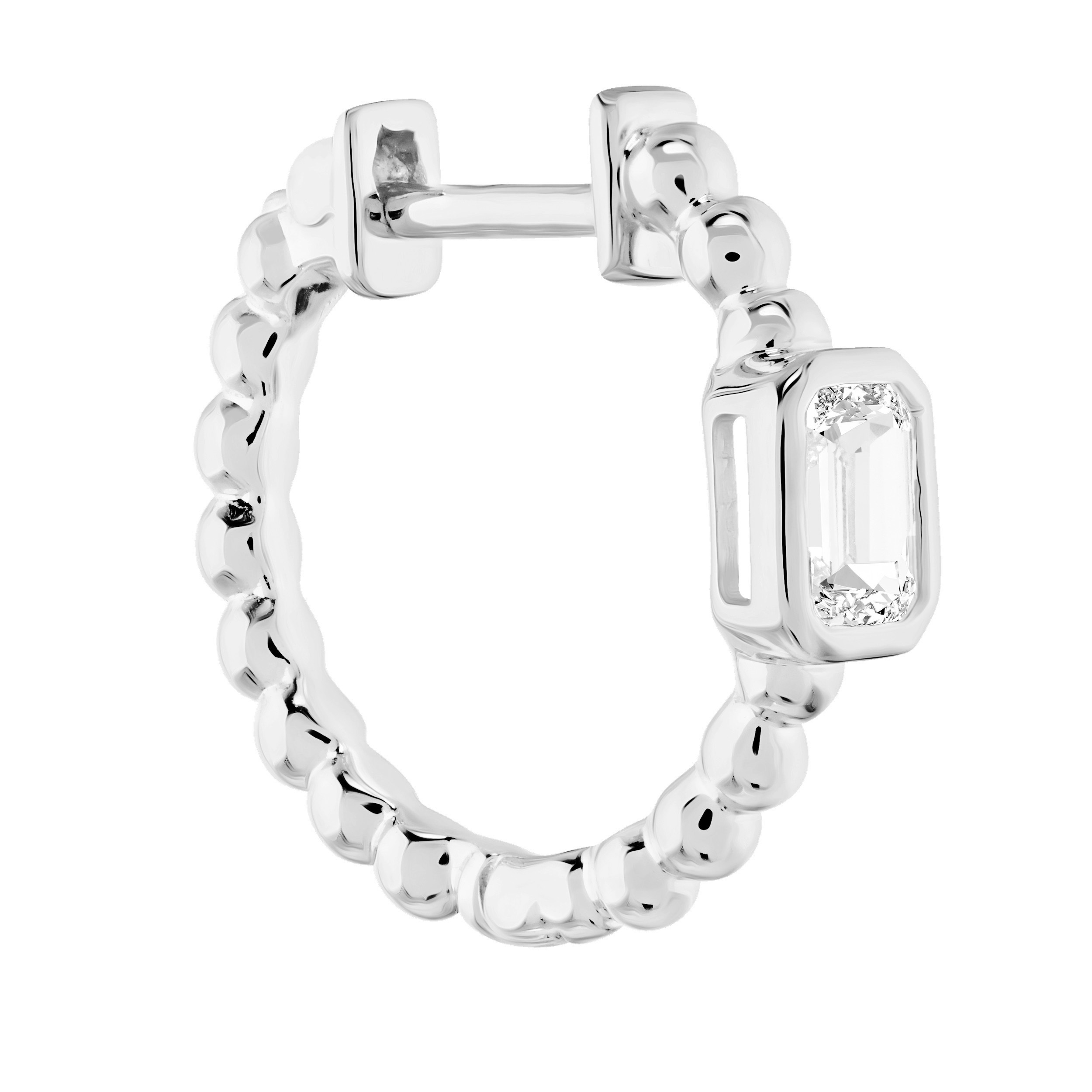 14K White Gold Beaded Hoops with Bezel Set Emerald Cut Diamond Earrings 0.40 Ctw