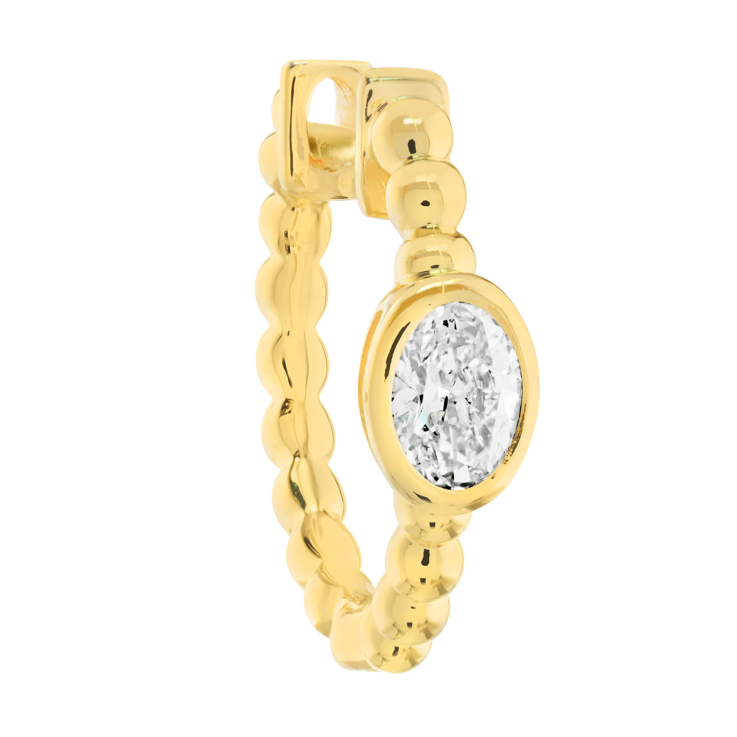 14K Yellow Gold Beaded Hoops with Bezel Set Oval Diamond Earrings 0.40 Ctw