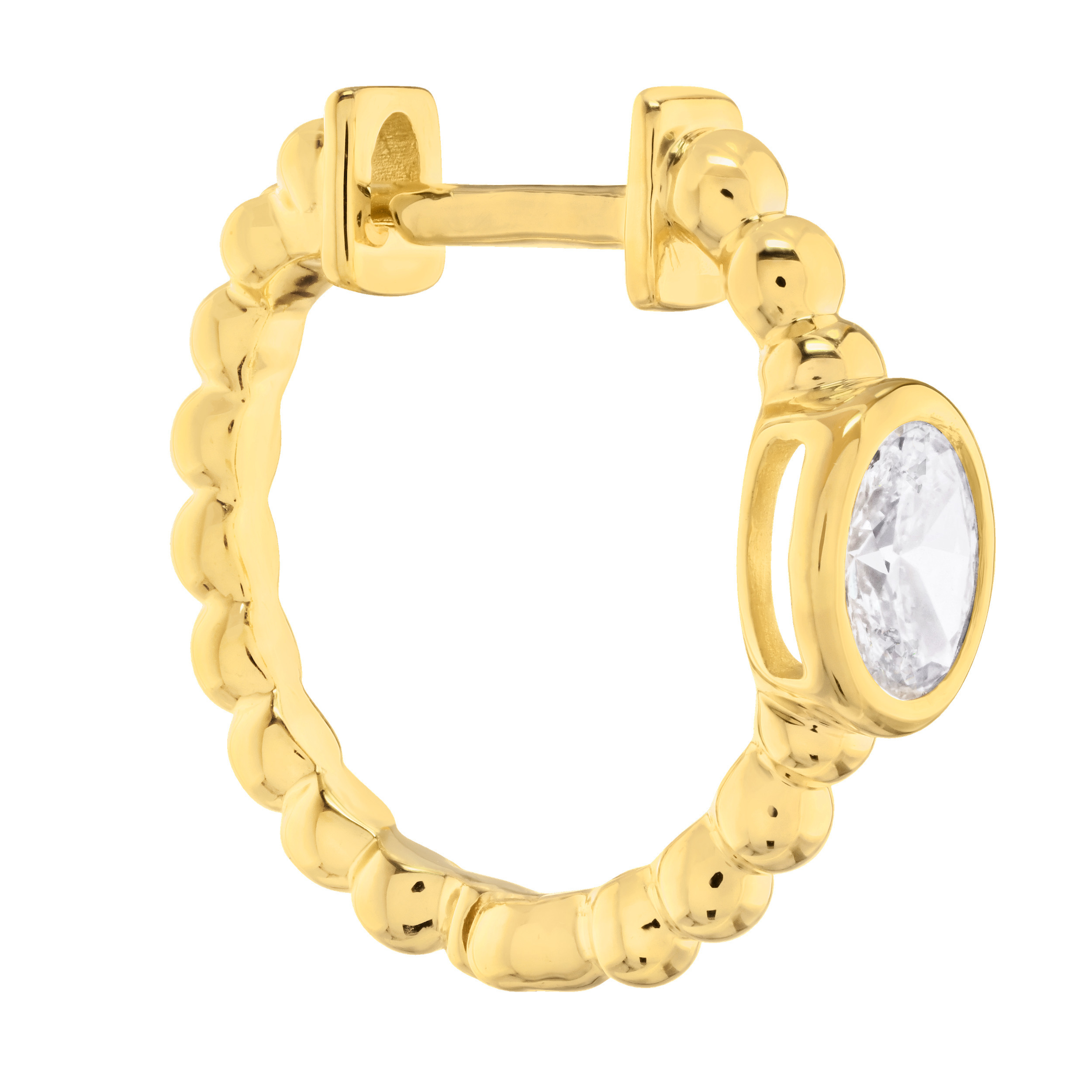 14K Yellow Gold Beaded Hoops with Bezel Set Oval Diamond Earrings 0.40 Ctw