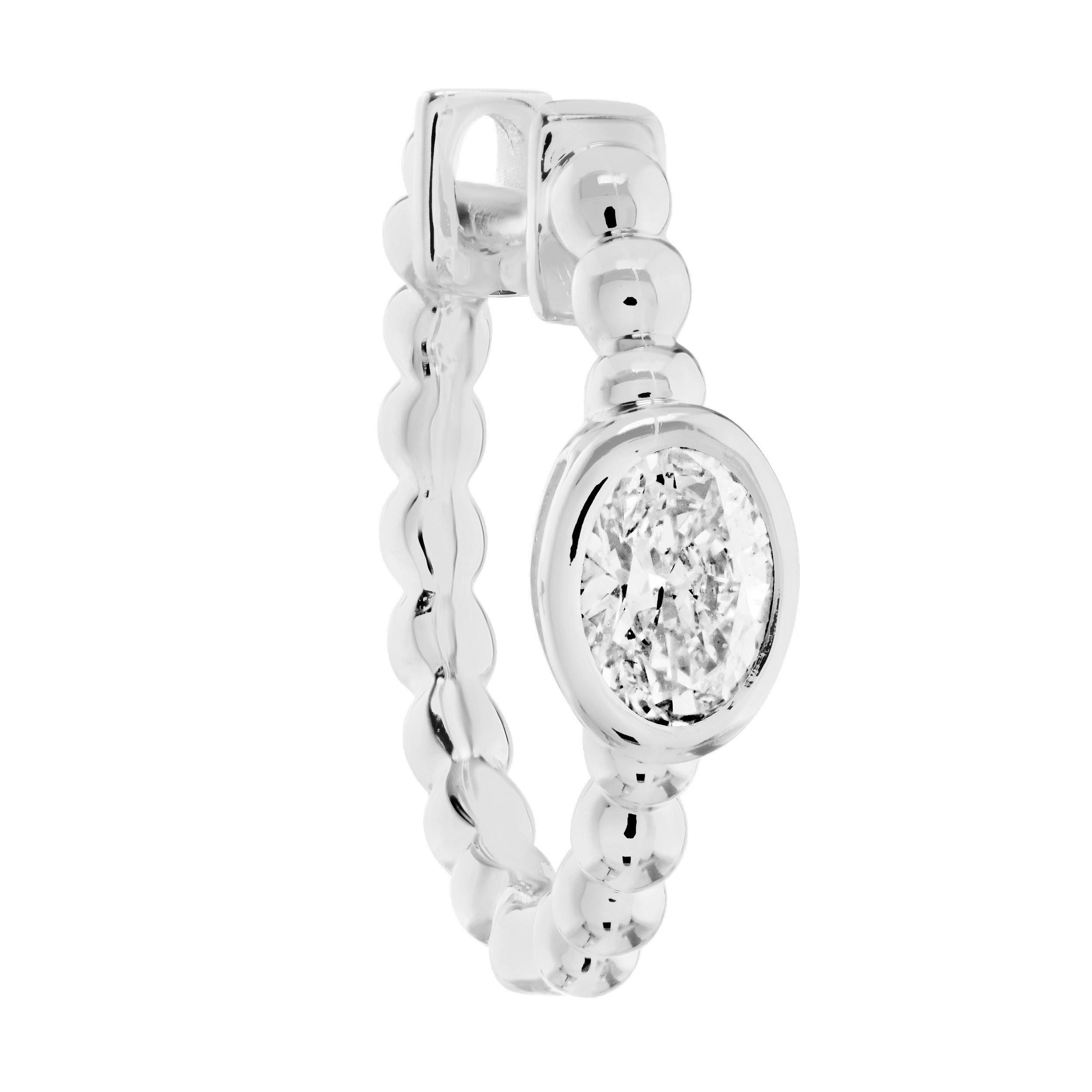 14K White Gold Beaded Hoops with Bezel Set Oval Diamond Earrings 0.40 Ctw