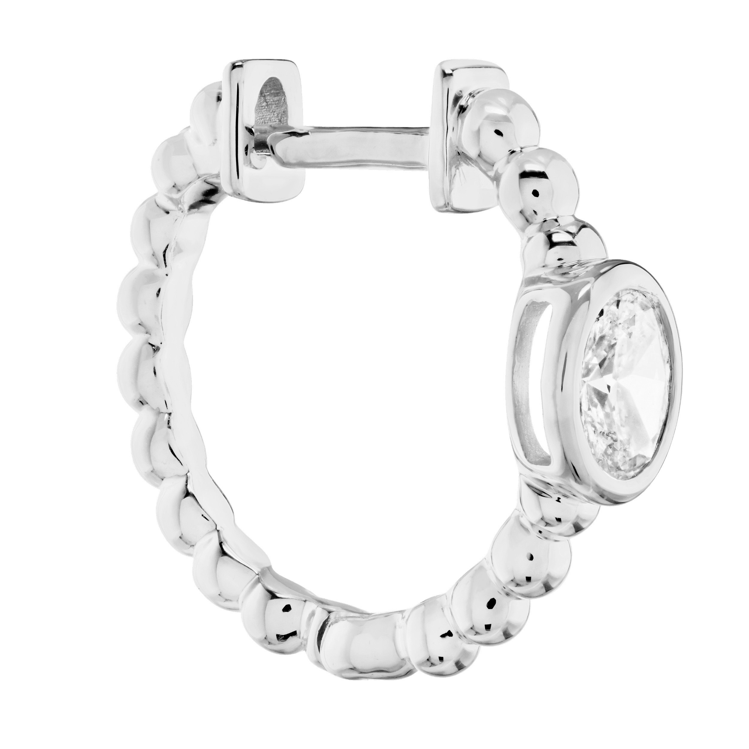 14K White Gold Beaded Hoops with Bezel Set Oval Diamond Earrings 0.40 Ctw