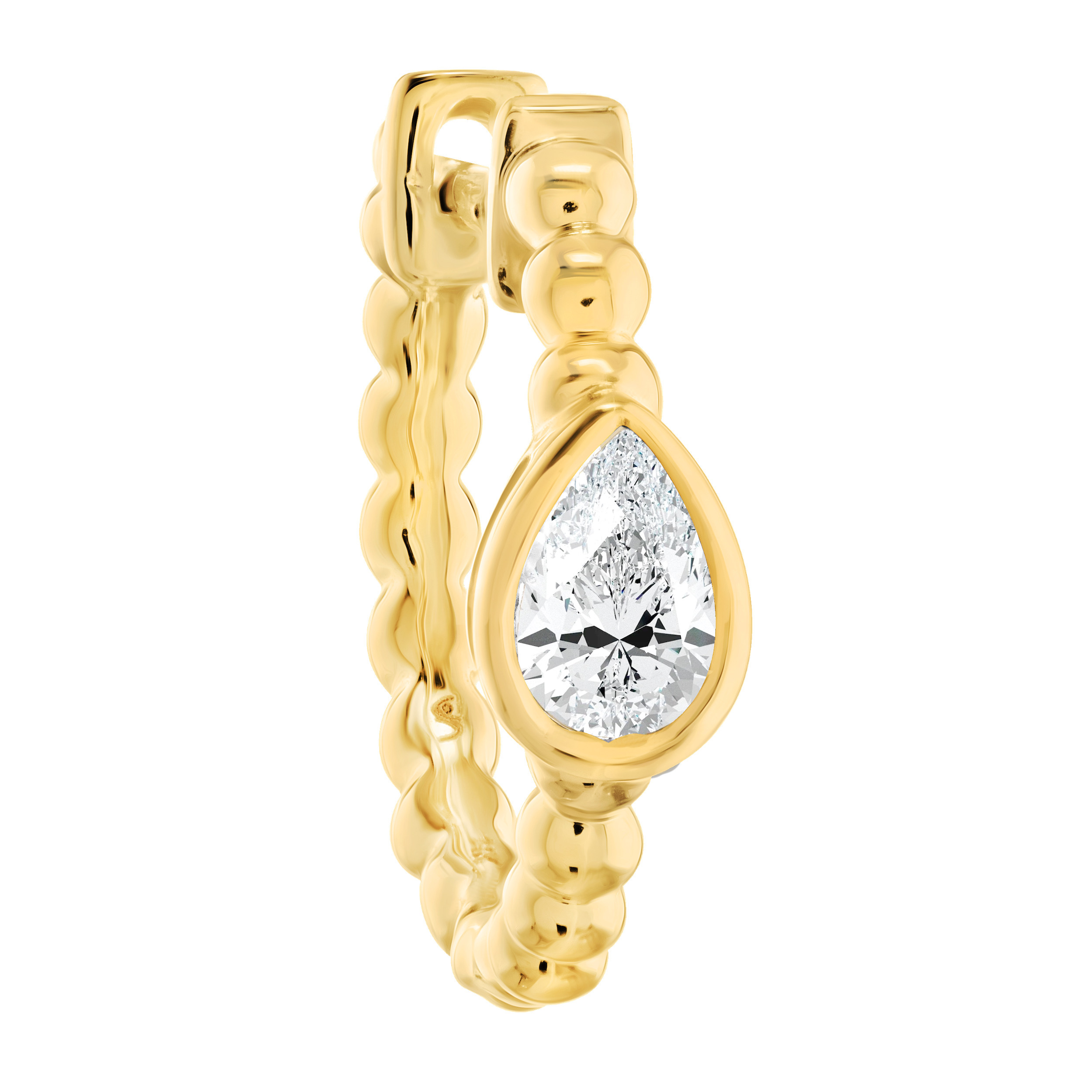 14K Yellow Gold Beaded Hoops with Pear Shapes Diamond Earrings 0.40 Ctw