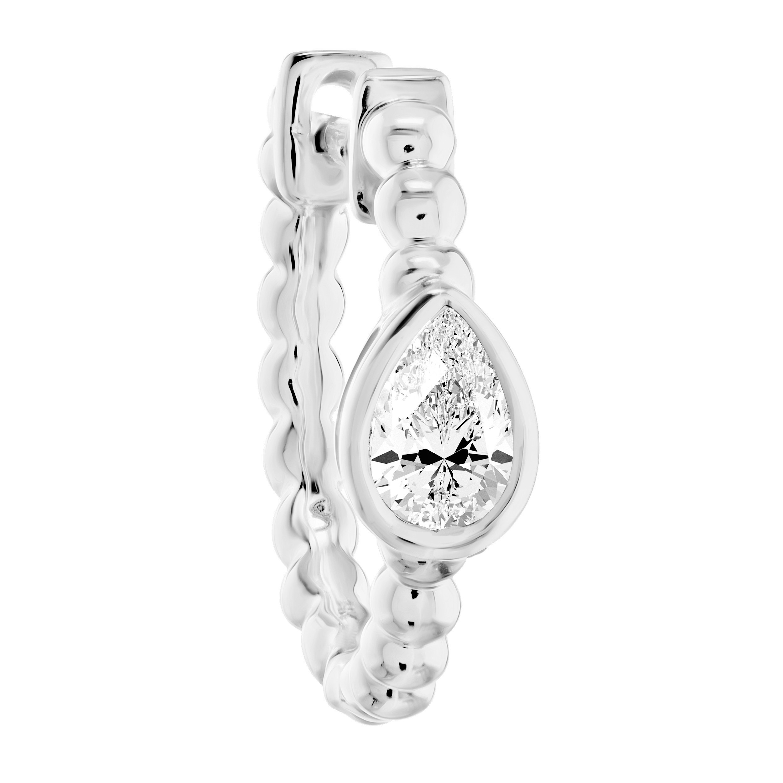 14K White Gold Beaded Hoops with Pear Shapes Diamond Earrings 0.40 Ctw