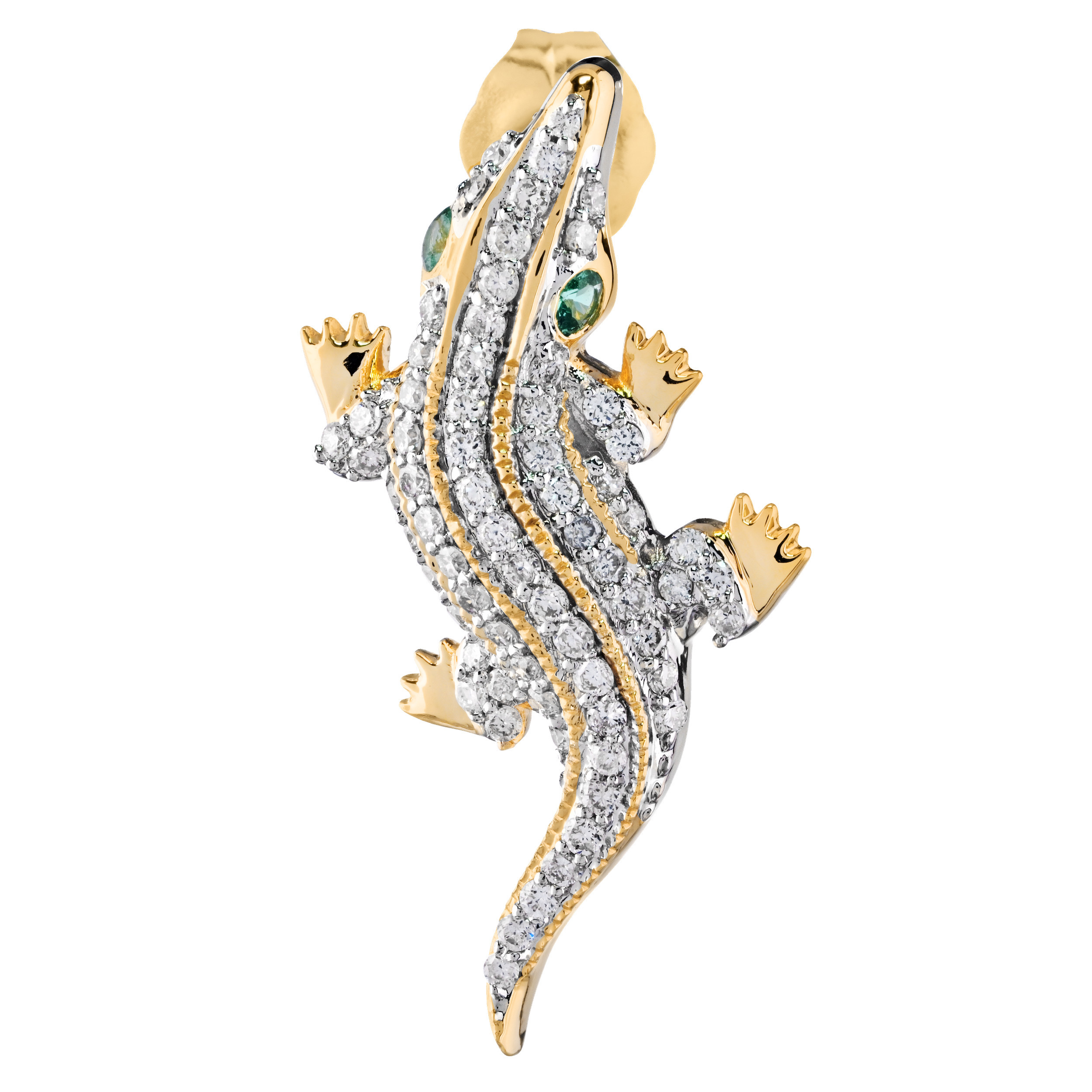 Oceanity&trade; 14K Yellow Gold Earrings Pave Set Alligators with Emerald Eyes Diamond 0.50 Ctw