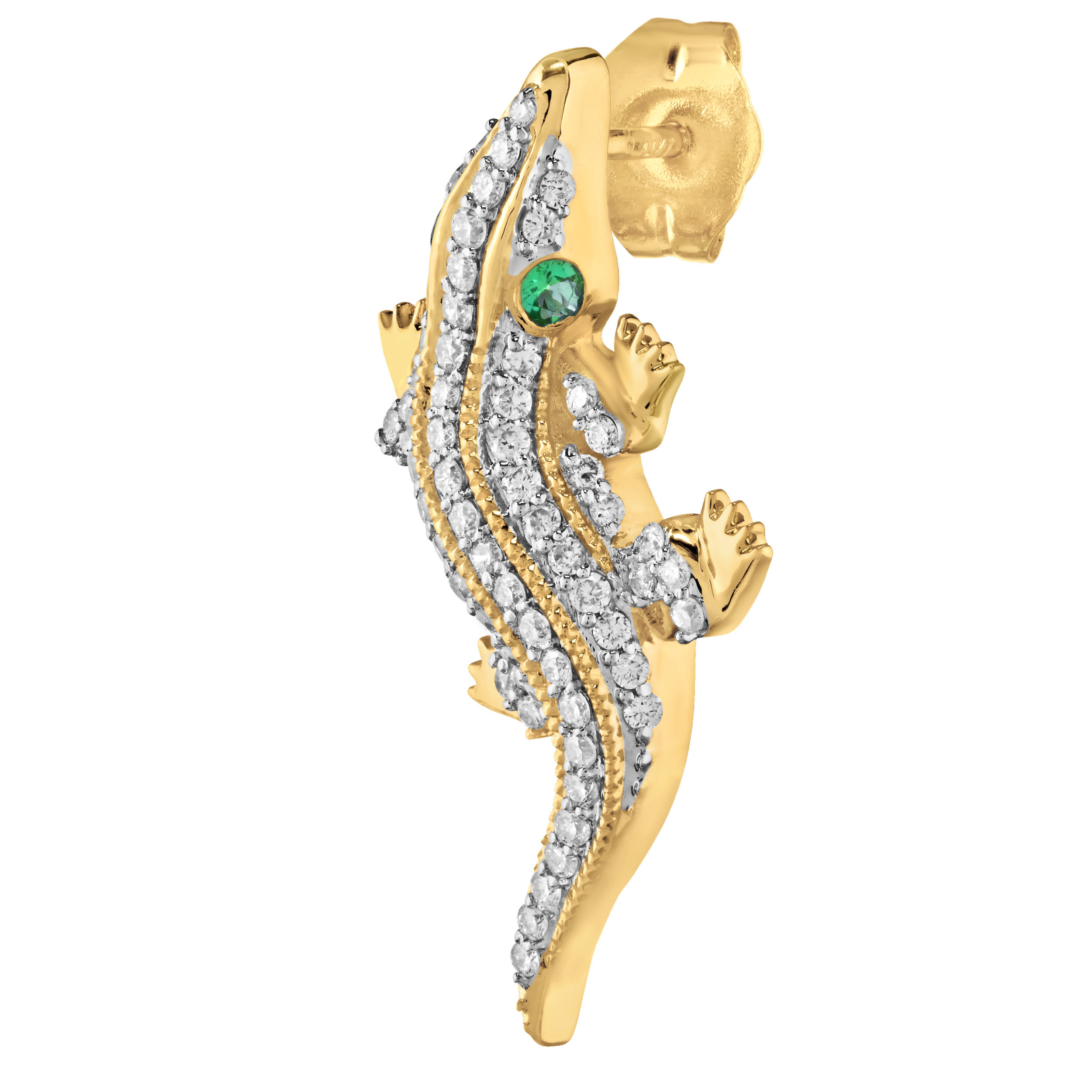 Oceanity&trade; 14K Yellow Gold Earrings Pave Set Alligators with Emerald Eyes Diamond 0.50 Ctw