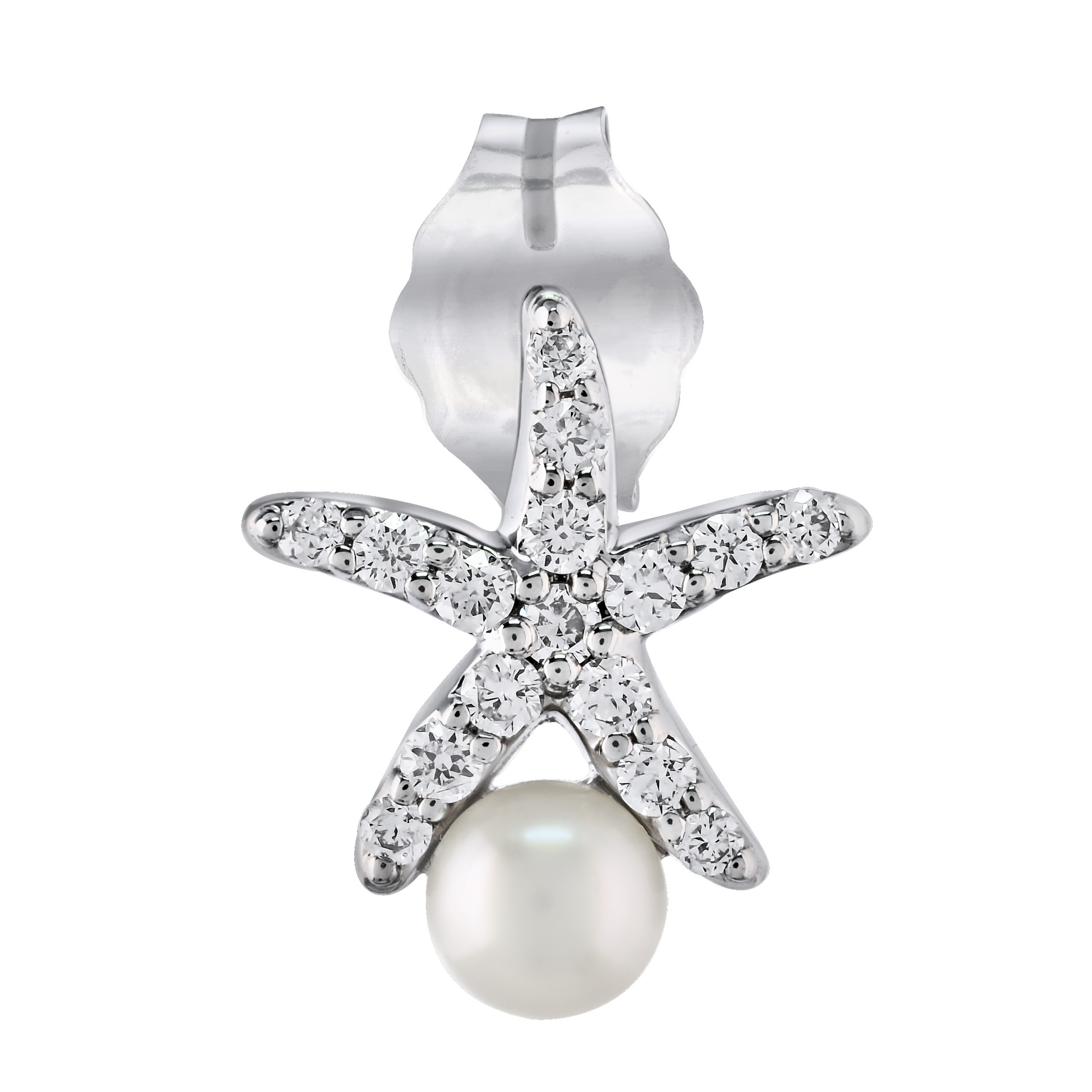 Majestic Gems&trade; 14k White Gold Starfish with Pearl 3.5MM & Diamond 0.32 Ctw