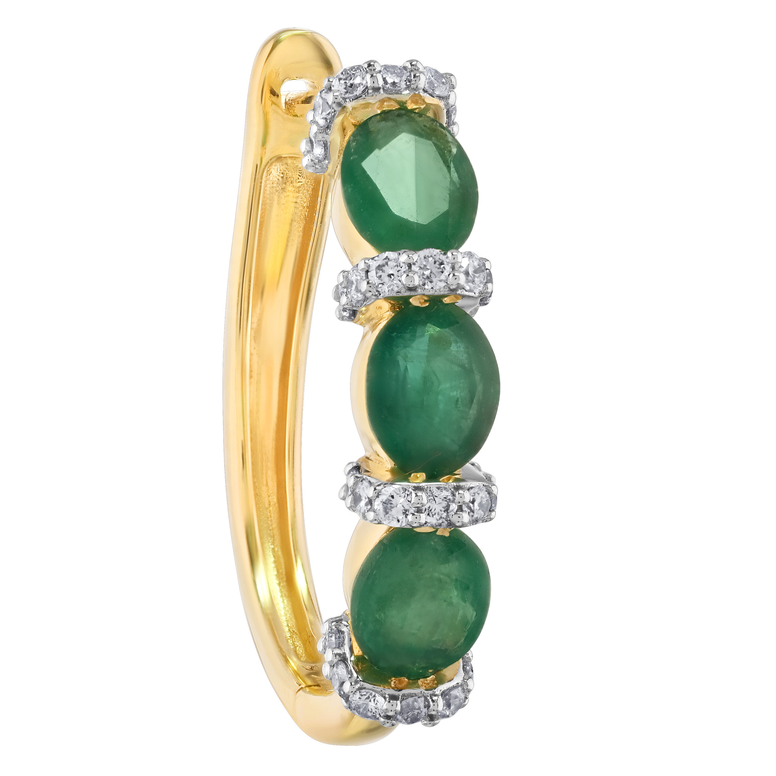 Majestic Gems&trade; 14k Yellow Gold Oval Color Stone Hoops with Diamond Set Rows Between Emerald & Diamond 2.31 Ctw