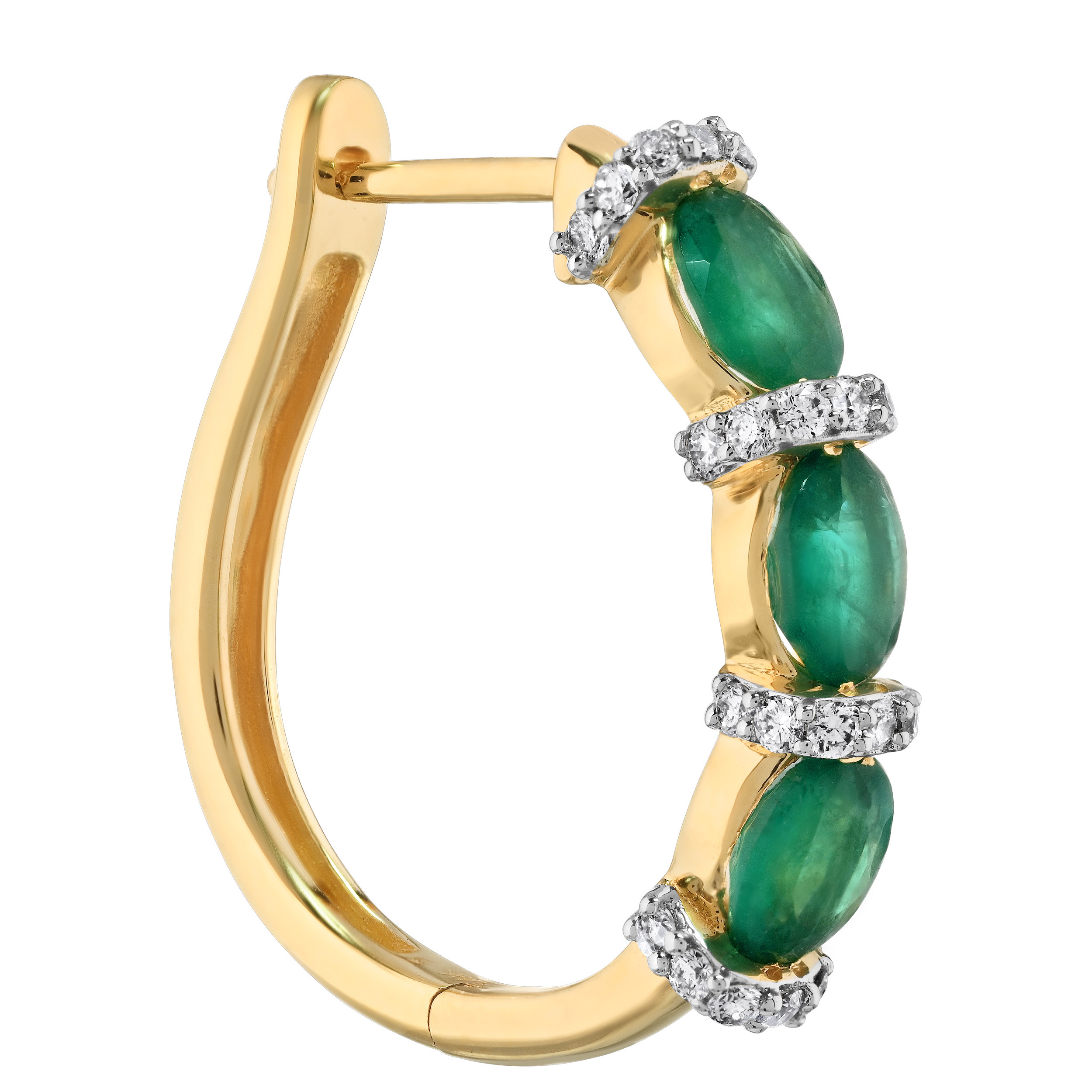 Majestic Gems&trade; 14k Yellow Gold Oval Color Stone Hoops with Diamond Set Rows Between Emerald & Diamond 2.31 Ctw