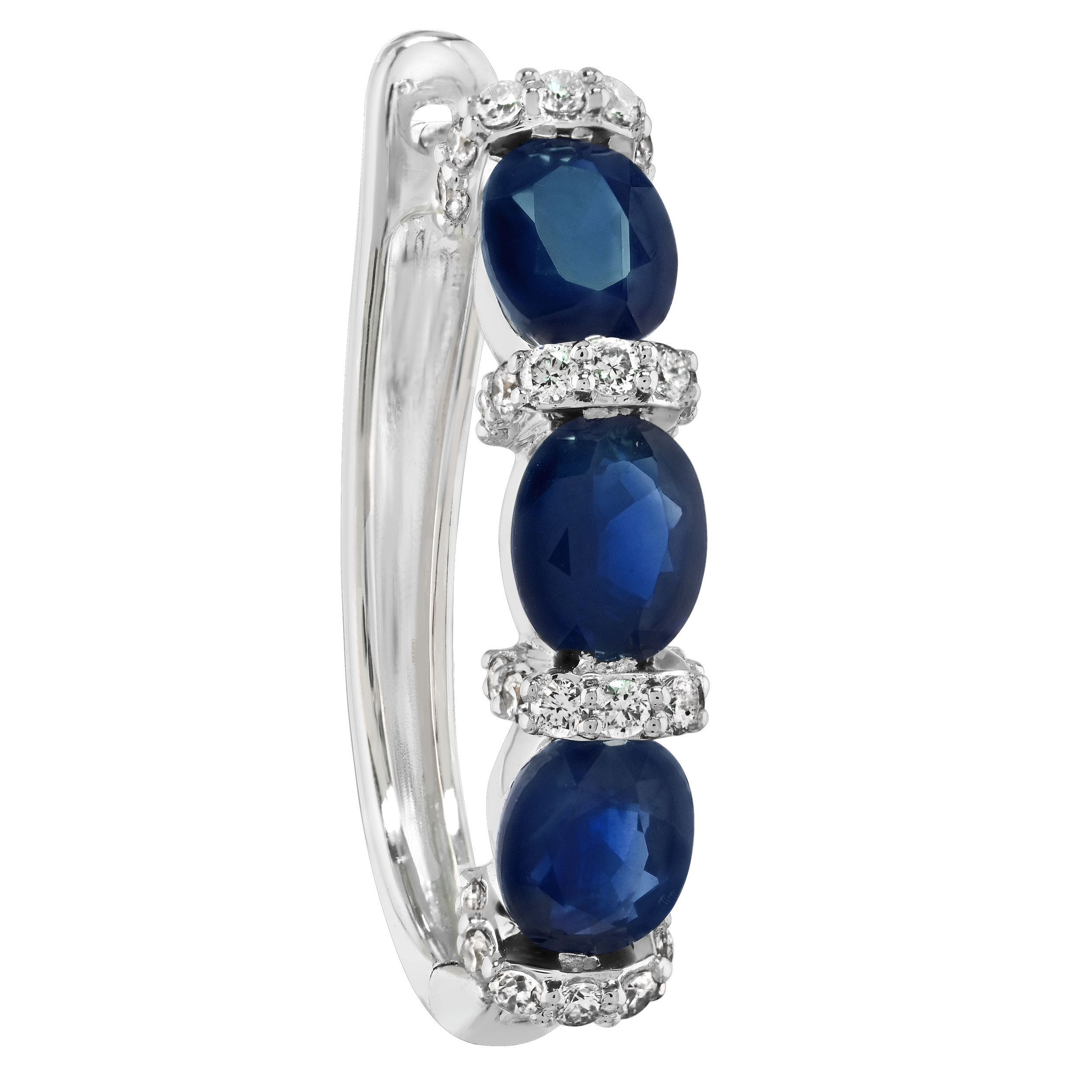 Majestic Gems&trade; 14k White Gold Oval Color Stone Hoops with Diamond Set Rows Between Blue Sapphire & Diamond 2.31 Ctw