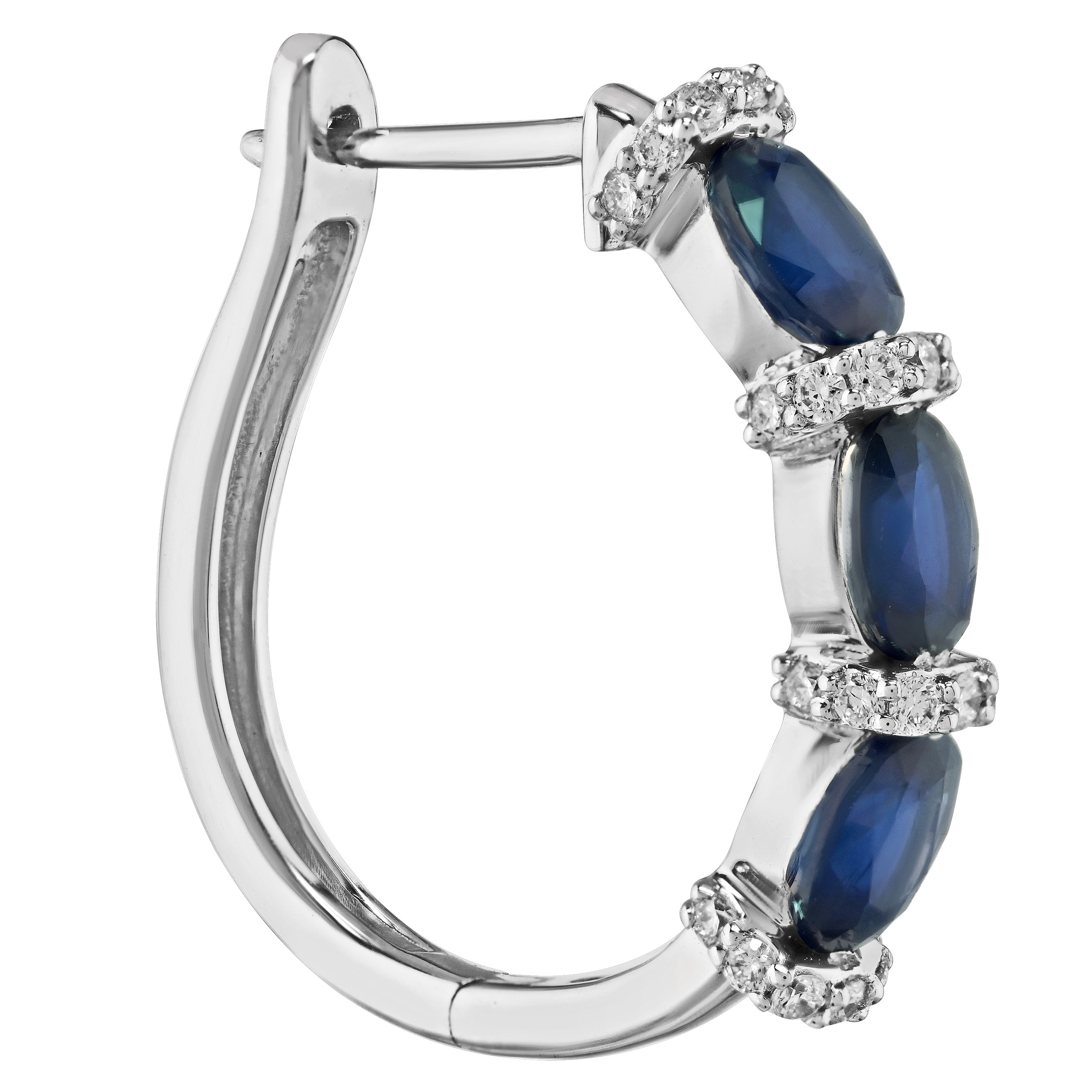 Majestic Gems&trade; 14k White Gold Oval Color Stone Hoops with Diamond Set Rows Between Blue Sapphire & Diamond 2.31 Ctw