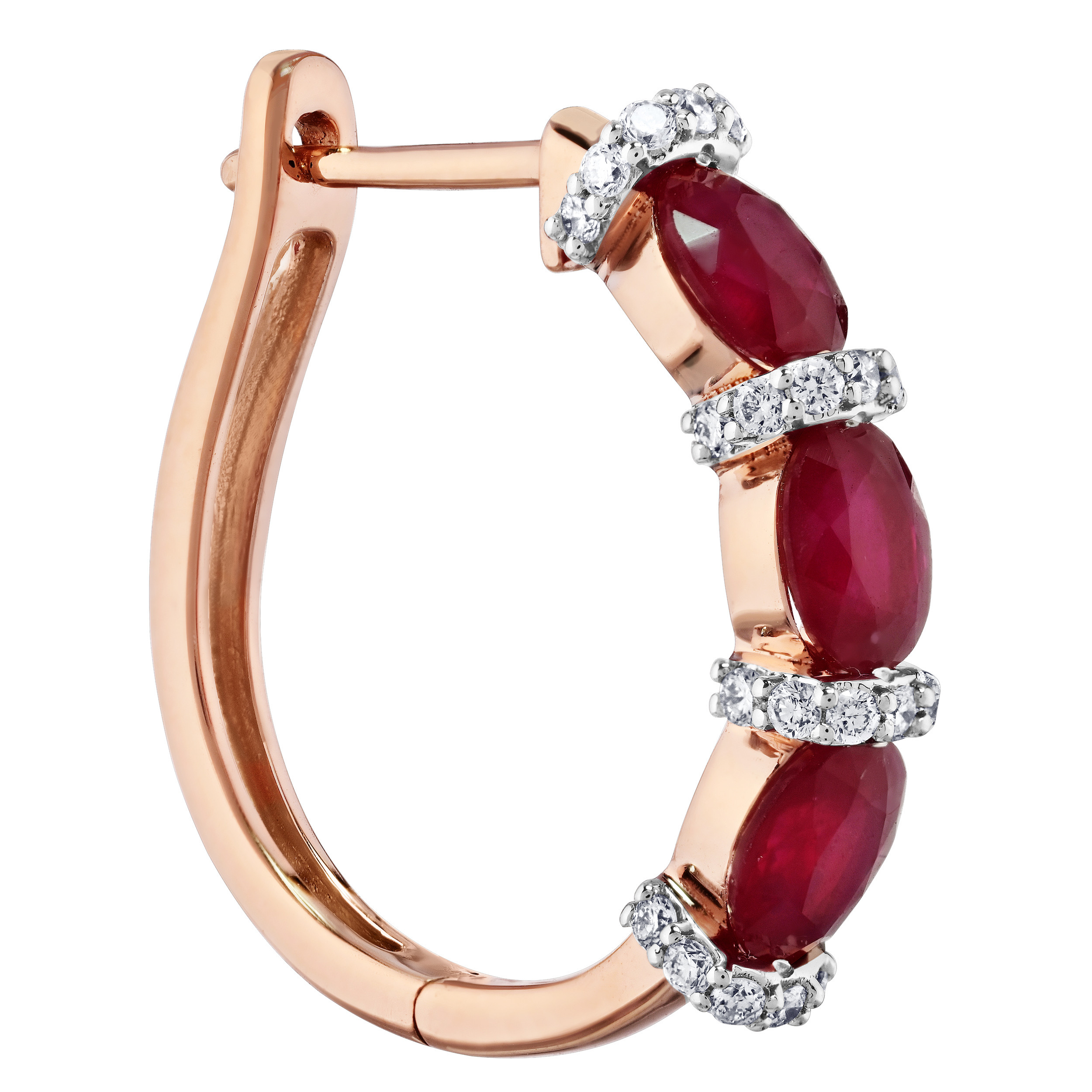 Majestic Gems&trade; 14k Rose Gold Oval Color Stone Hoops with Diamond Set Rows Between Ruby & Diamond 2.31 Ctw