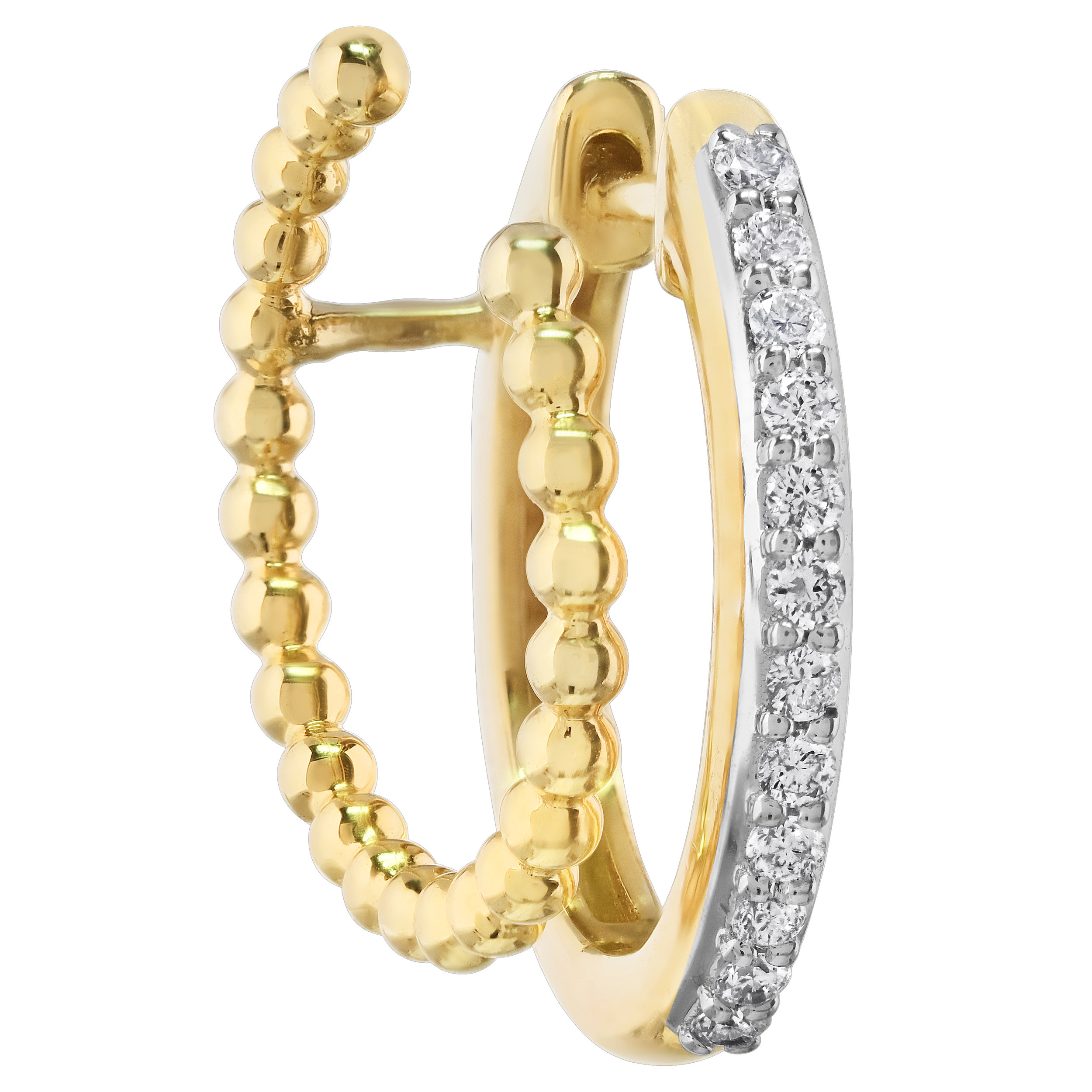 14K Yellow Gold Double Hoops 1 Pave Set 1 Beaded Diamond Earrings 0.15 Ctw