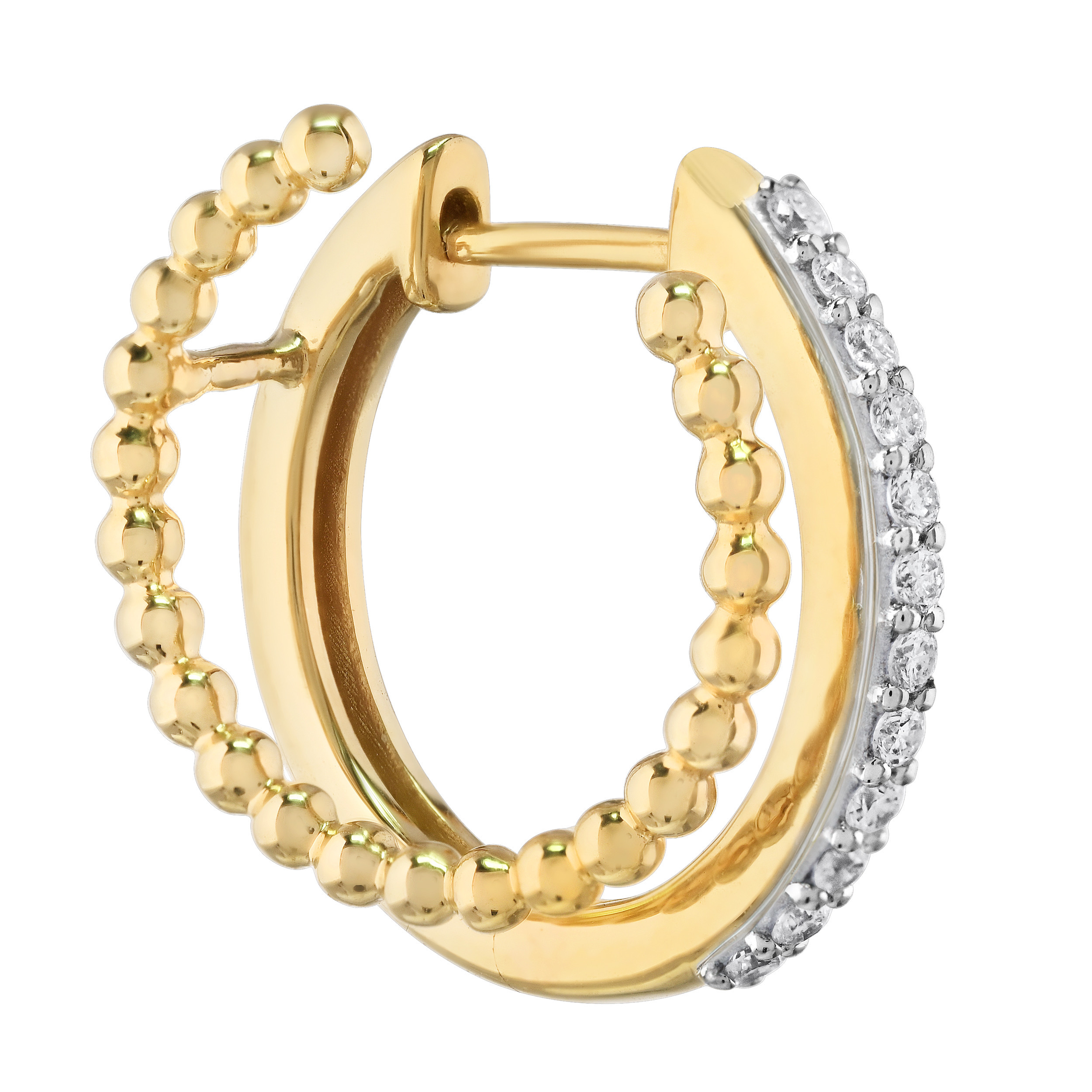 14K Yellow Gold Double Hoops 1 Pave Set 1 Beaded Diamond Earrings 0.15 Ctw