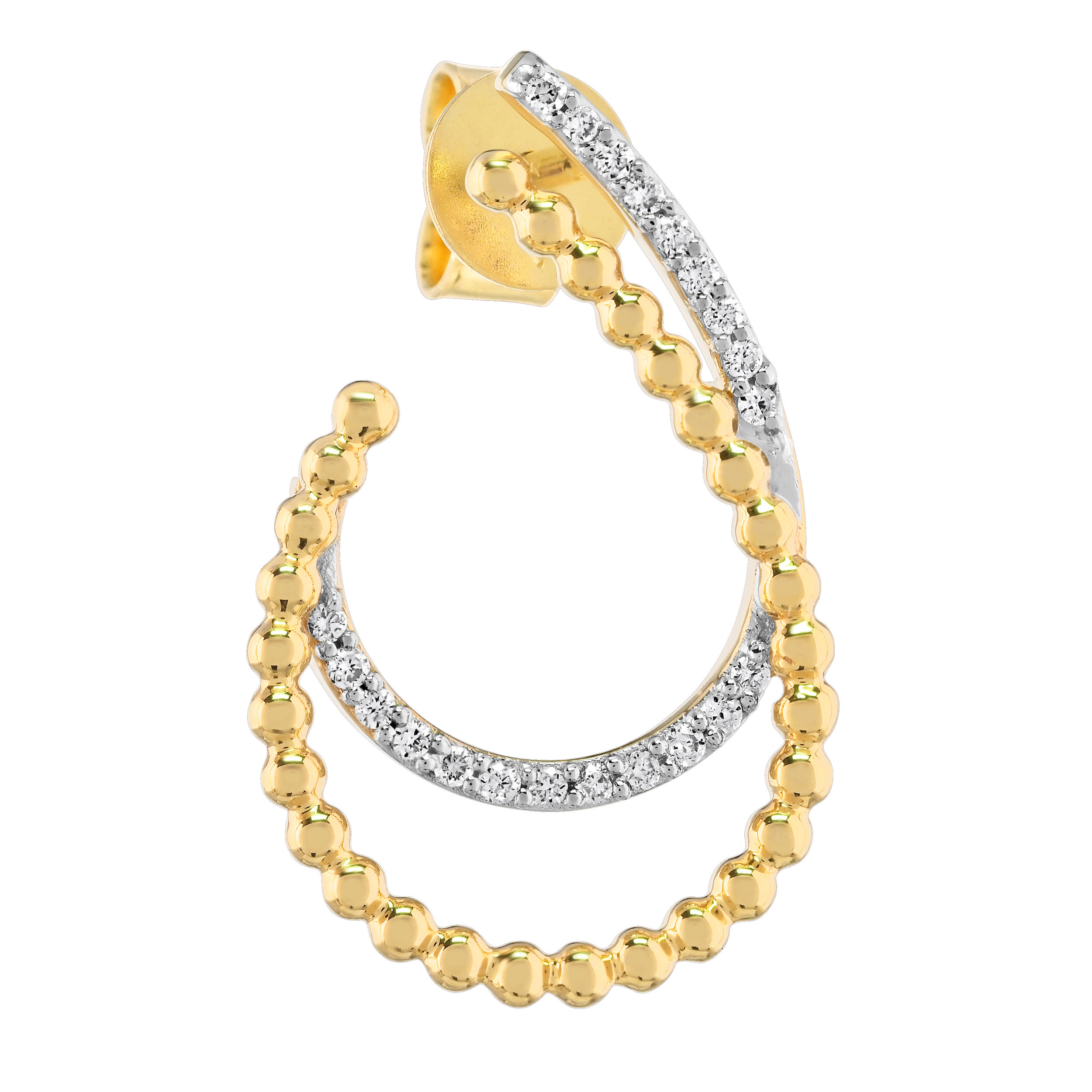 14K Yellow Gold Double Oval Shape Hoops 1 Row Beaded 1 Row Diamond Set Diamond Earrings 0.15 Ctw