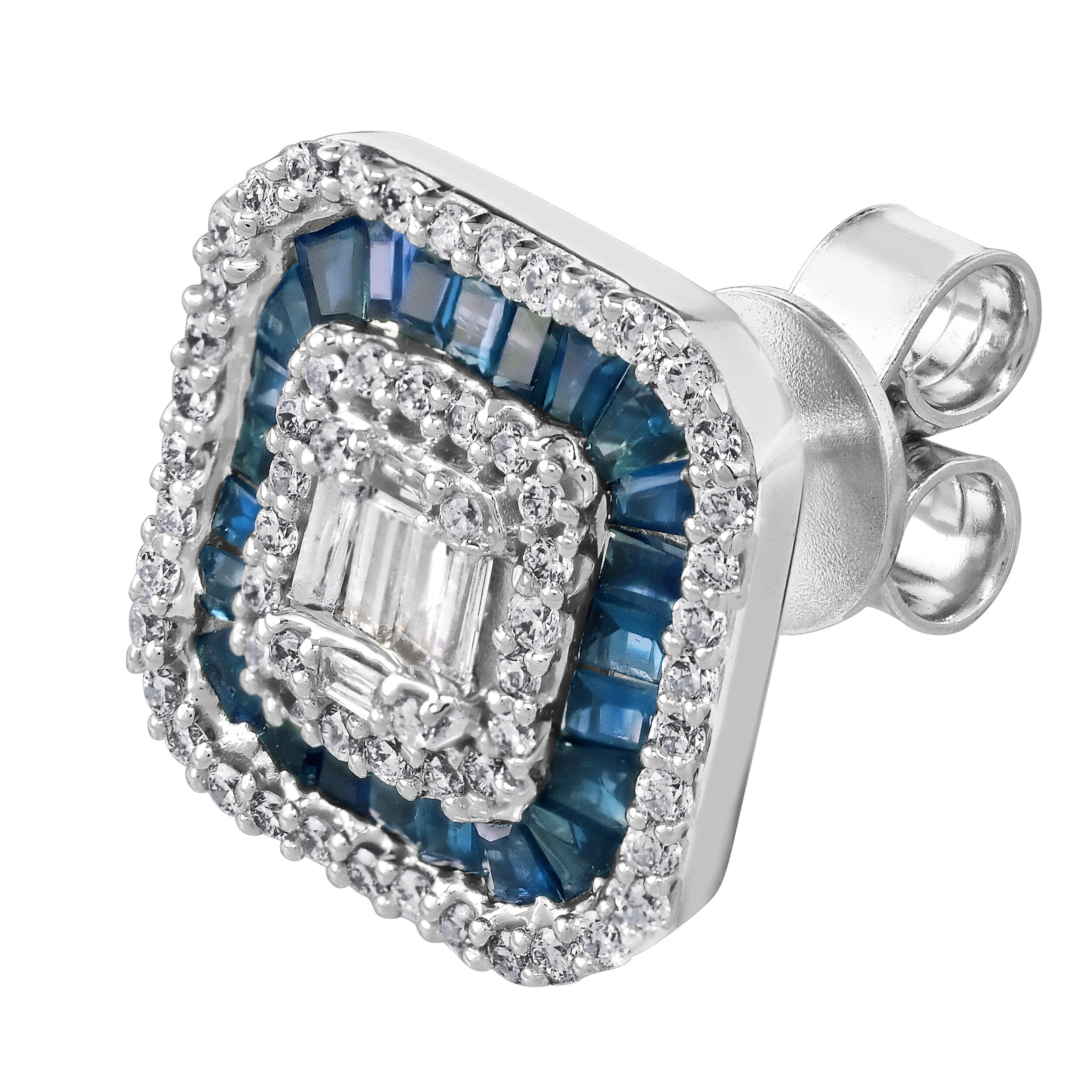 Majestic Gems&trade; 14k White Gold Baguette Cluster Center with Baguette Halo Studs Blue Sapphire & Diamond 1.43 Ctw
