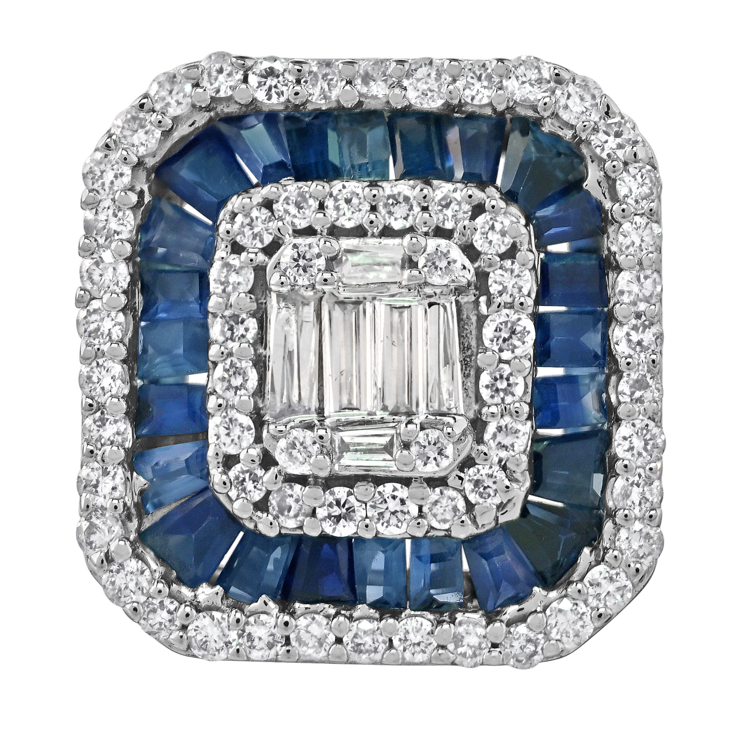 Majestic Gems&trade; 14k White Gold Baguette Cluster Center with Baguette Halo Studs Blue Sapphire & Diamond 1.43 Ctw