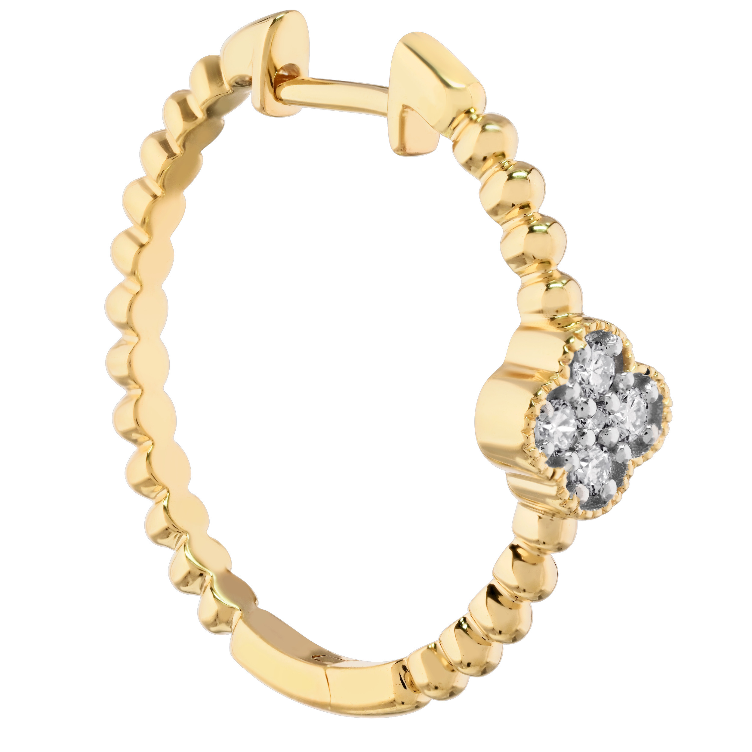 14K Yellow Gold Beaded Hoops with Clover Center Diamond Earrings 0.15 Ctw