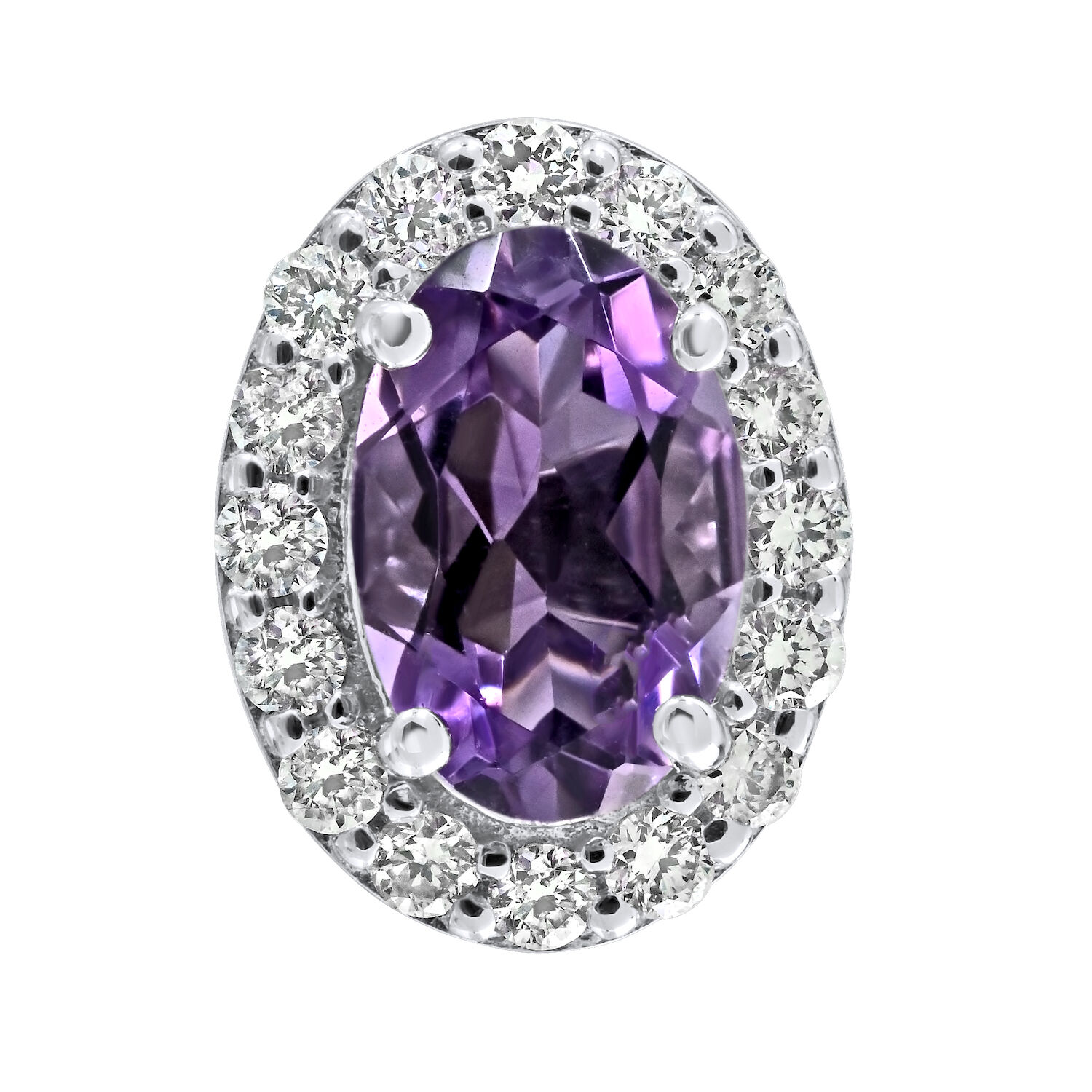 Birthstone Collection 10K White Gold 'Birthstone' Oval Halo Studs Earrings Diamond and Amethyst 0.67 Ctw