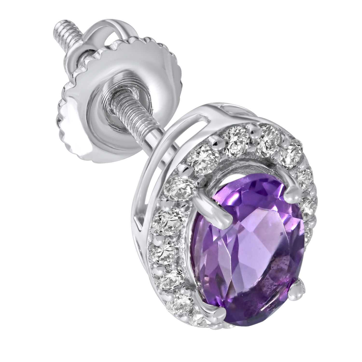 Birthstone Collection 10K White Gold 'Birthstone' Oval Halo Studs Earrings Diamond and Amethyst 0.67 Ctw