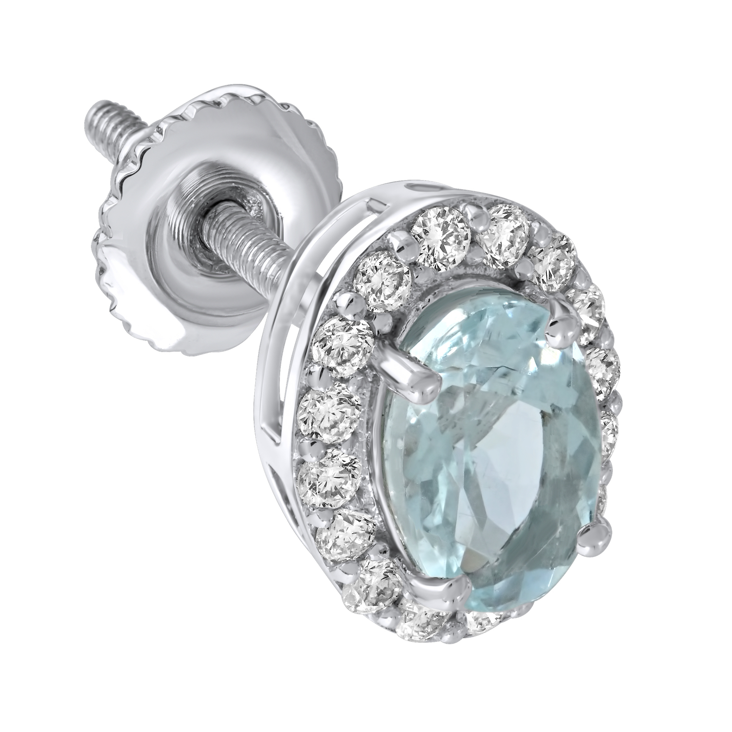 Birthstone Collection 10K White Gold 'Birthstone' Oval Halo Studs Earrings Diamond and Aqua Cushion 0.67 Ctw