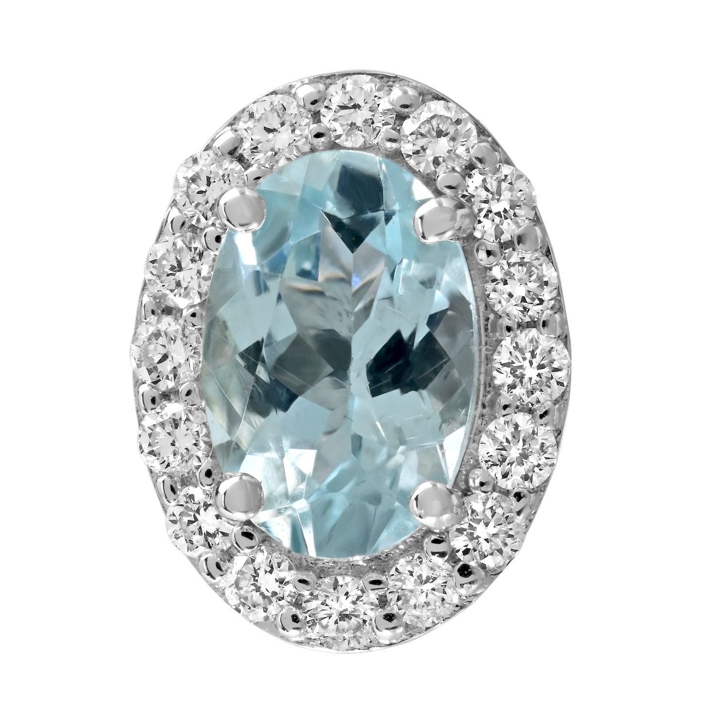 Birthstone Collection 10K White Gold 'Birthstone' Oval Halo Studs Earrings Diamond and Aqua Cushion 0.67 Ctw