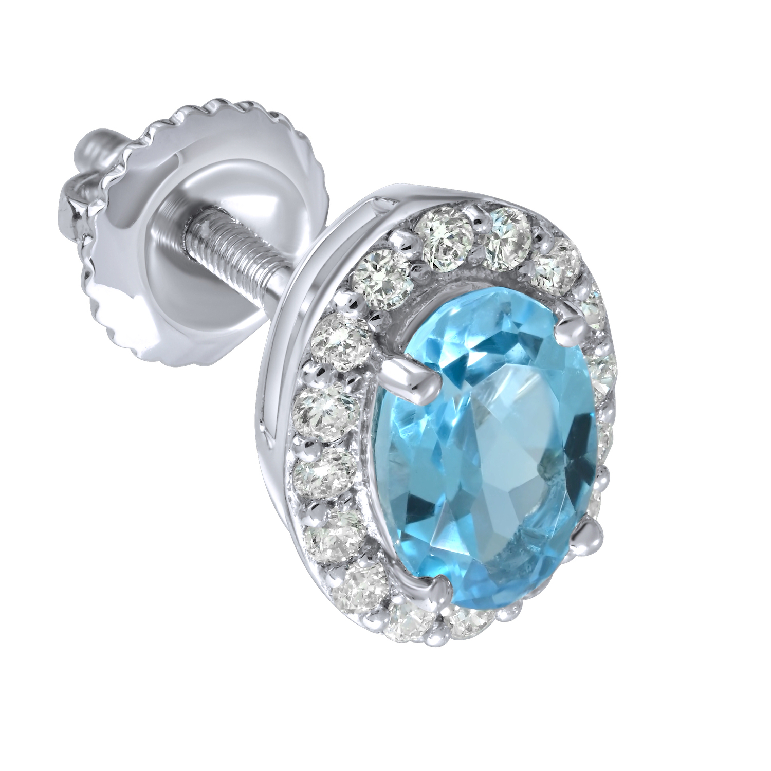 Birthstone Collection 10K White Gold 'Birthstone' Oval Halo Studs Earrings Diamond and Blue Topaz 0.67 Ctw
