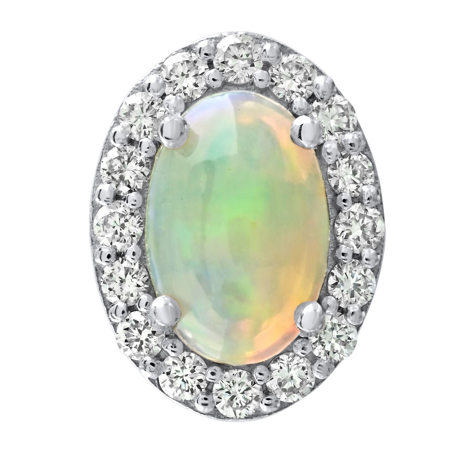 Birthstone Collection 10K White Gold 'Birthstone' Oval Halo Studs Earrings Diamond and Opal 0.67 Ctw