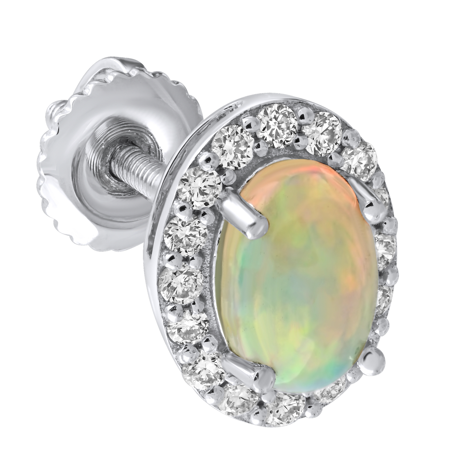 Birthstone Collection 10K White Gold 'Birthstone' Oval Halo Studs Earrings Diamond and Opal 0.67 Ctw