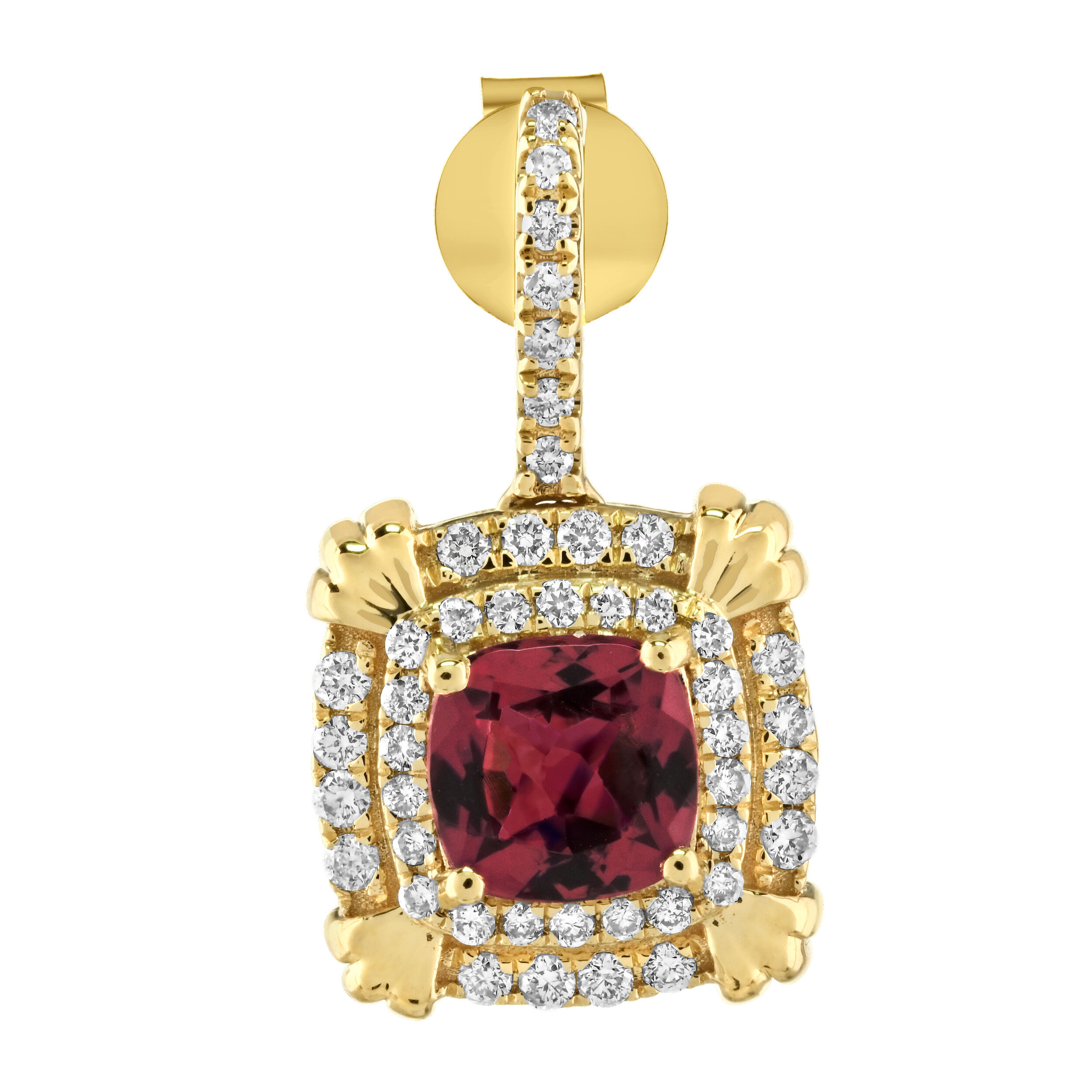 RedVelvet&trade; 14K Yellow Gold Cushion Double Halo Drops Earrings 1.54 Ctw Natural Rubellite