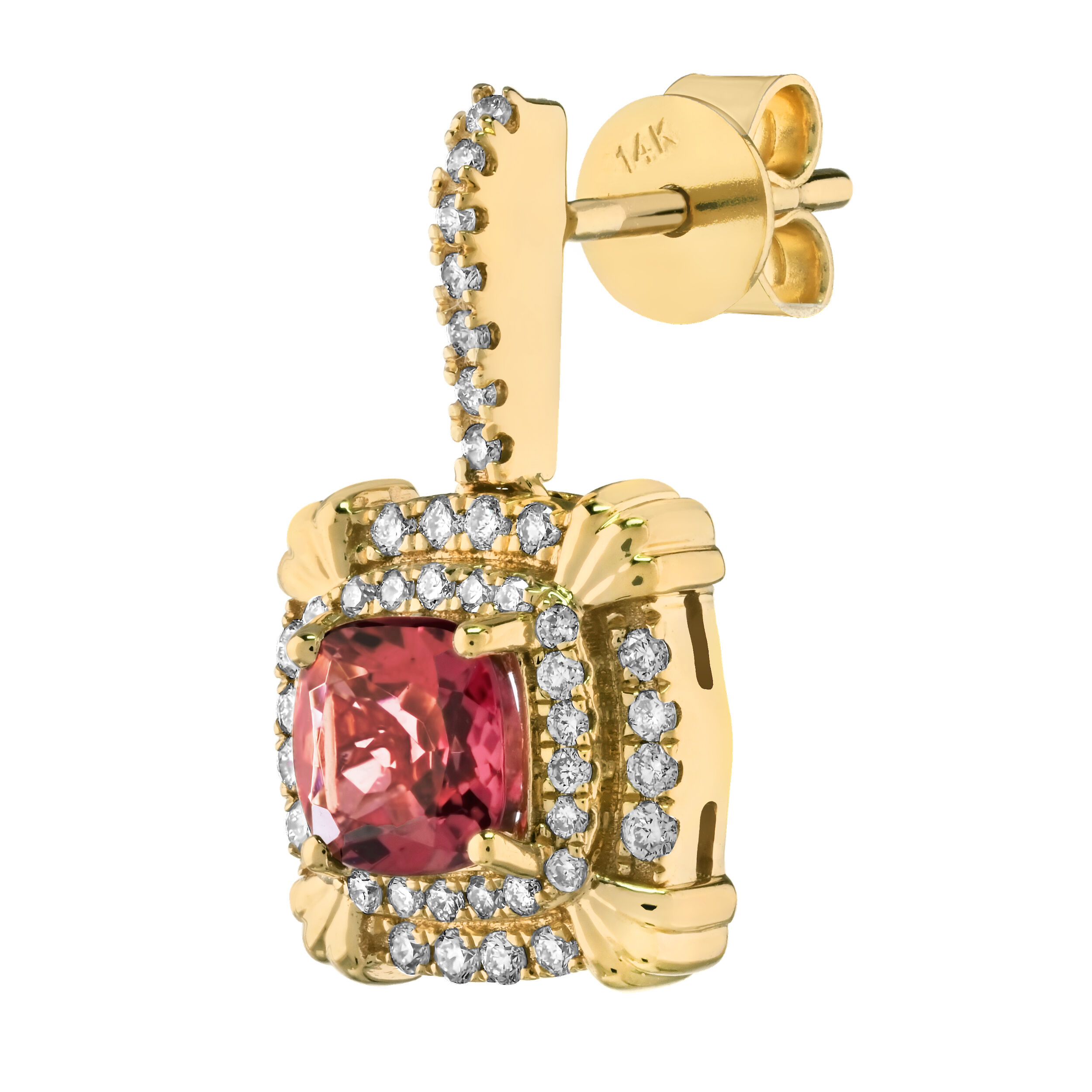 RedVelvet&trade; 14K Yellow Gold Cushion Double Halo Drops Earrings 1.54 Ctw Natural Rubellite