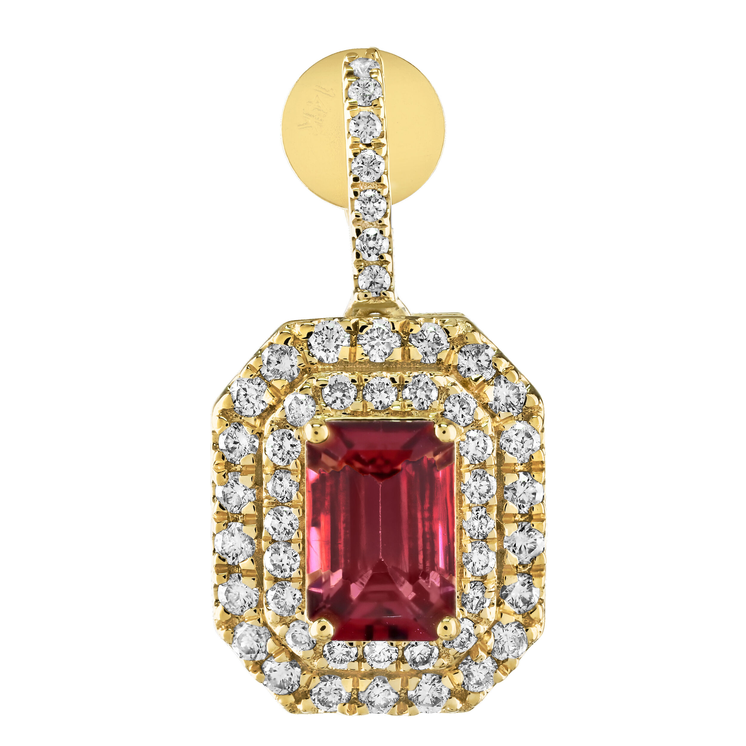 RedVelvet&trade; 14K Yellow Gold Emerald Cut Rubellite Double Halo Drops 1 3/4 Ctw Earrings 1.89 Ctw Natural Rubellite