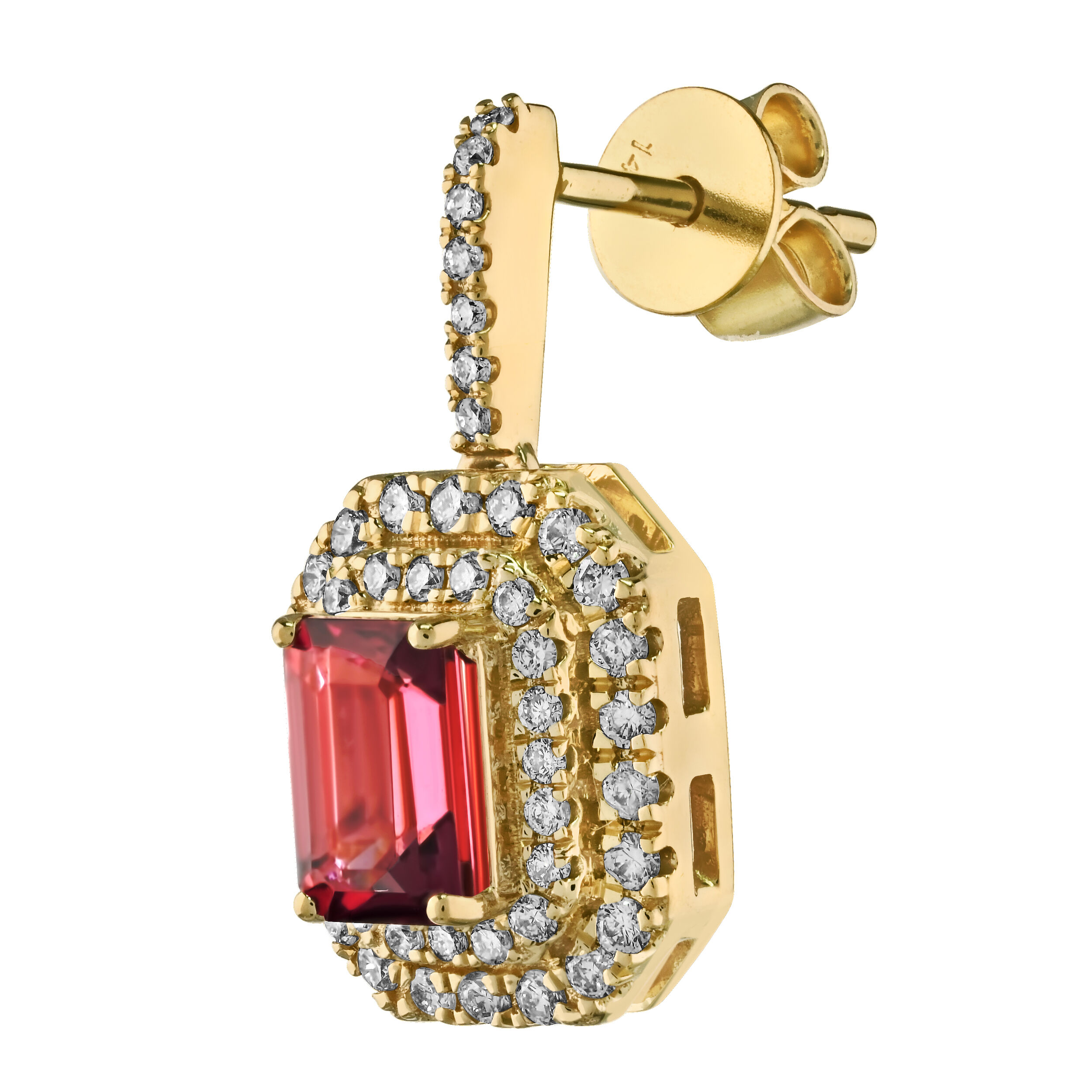 RedVelvet&trade; 14K Yellow Gold Emerald Cut Rubellite Double Halo Drops 1 3/4 Ctw Earrings 1.89 Ctw Natural Rubellite