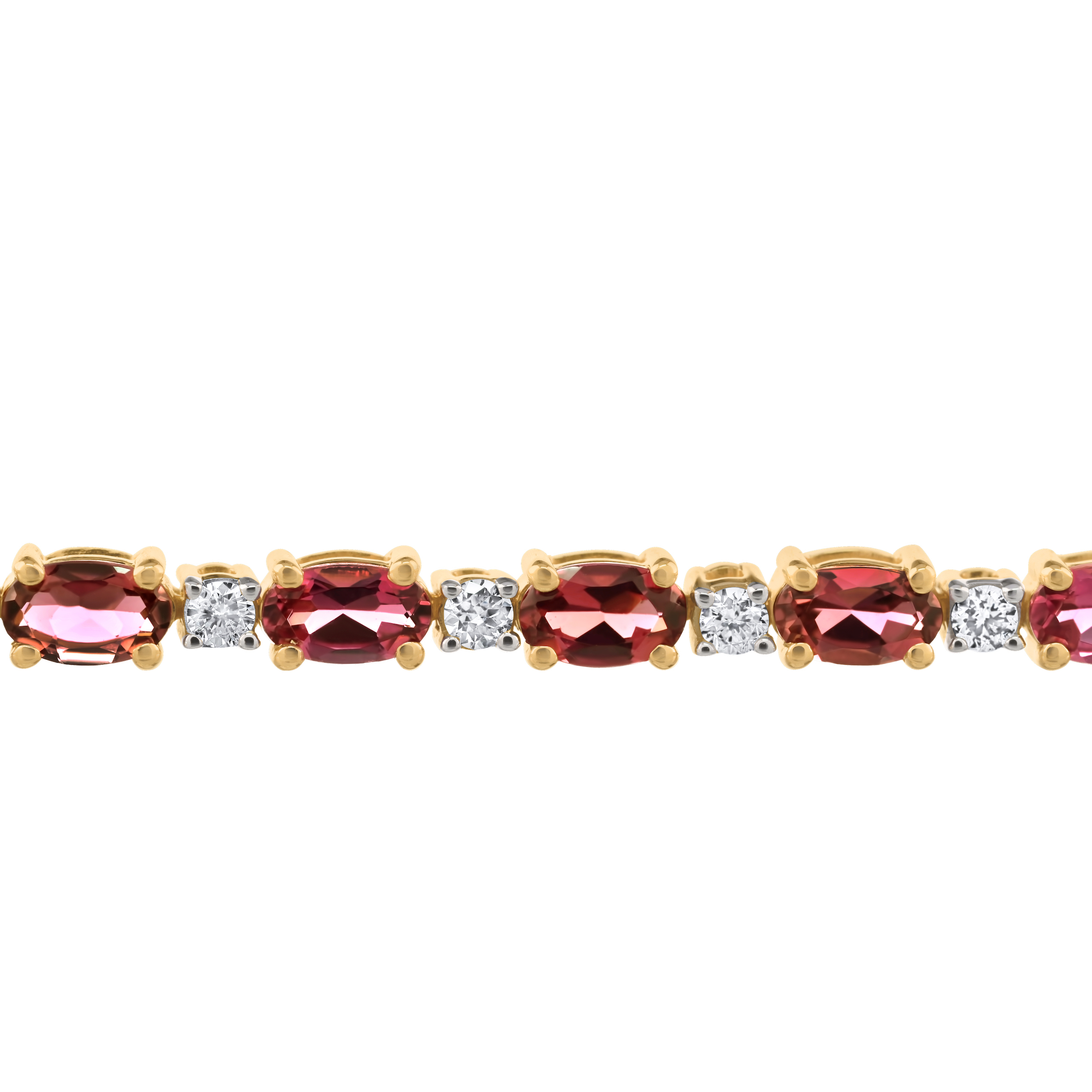 RedVelvet&trade; 14K Yellow Gold Oval Prong Set with Diamonds Between Bracelet 6.37 Ctw Natural Rubellite
