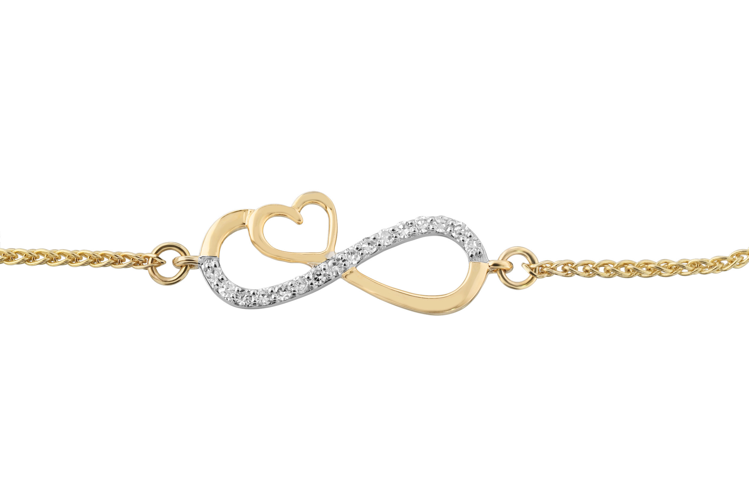 10K Yellow Gold Infinity with Heart Lariat Bracelet Diamond 0.10 Ctw