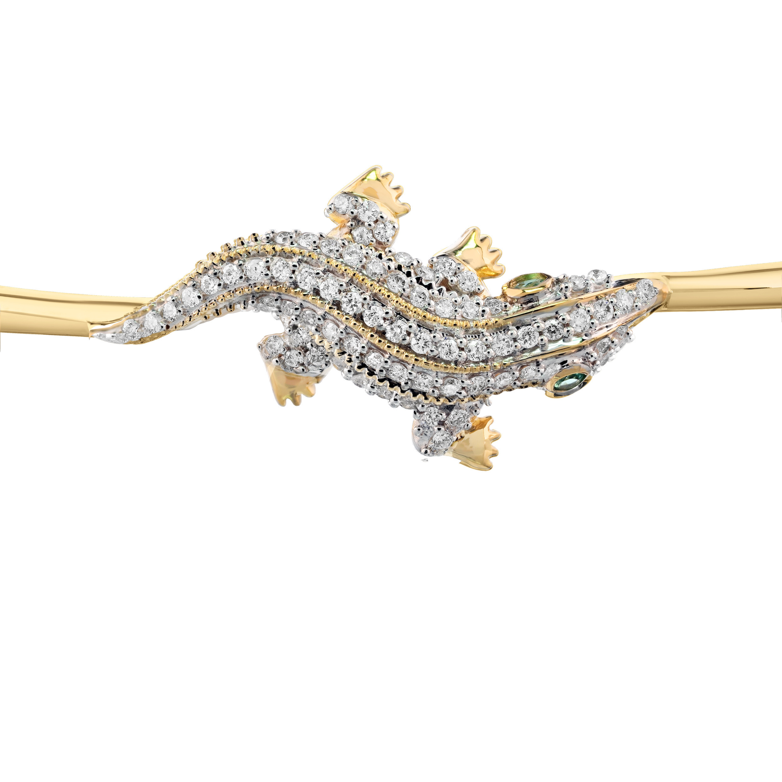 ZooLightful&trade; 14K Yellow Gold Pave Set Alligator Emerald Eyes Hinged Bangle Diamond 0.50 Ctw