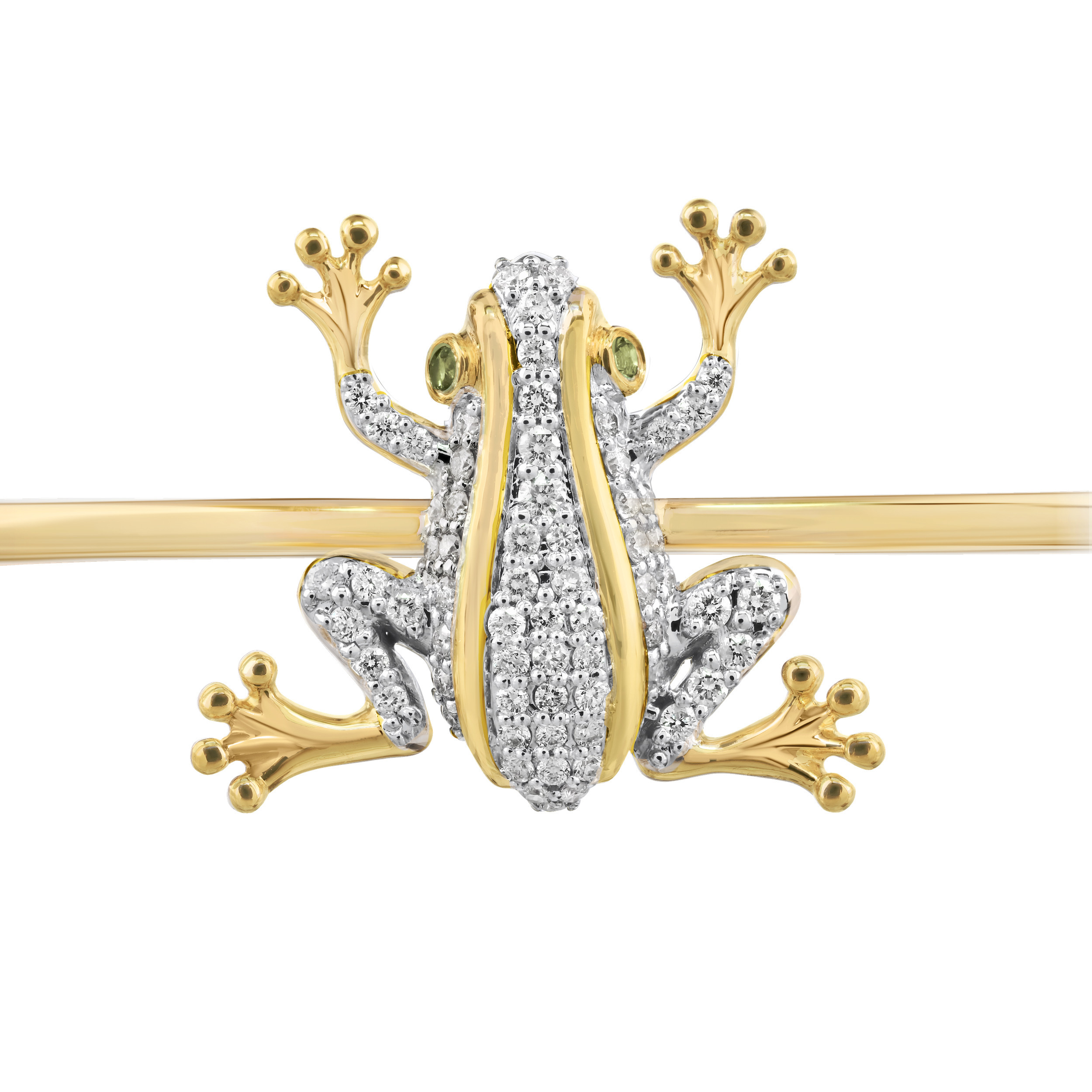 ZooLightful&trade; 14K Yellow Gold Pave Set Frog Emerald Eyes Hinged Bangle Diamond 0.50 Ctw