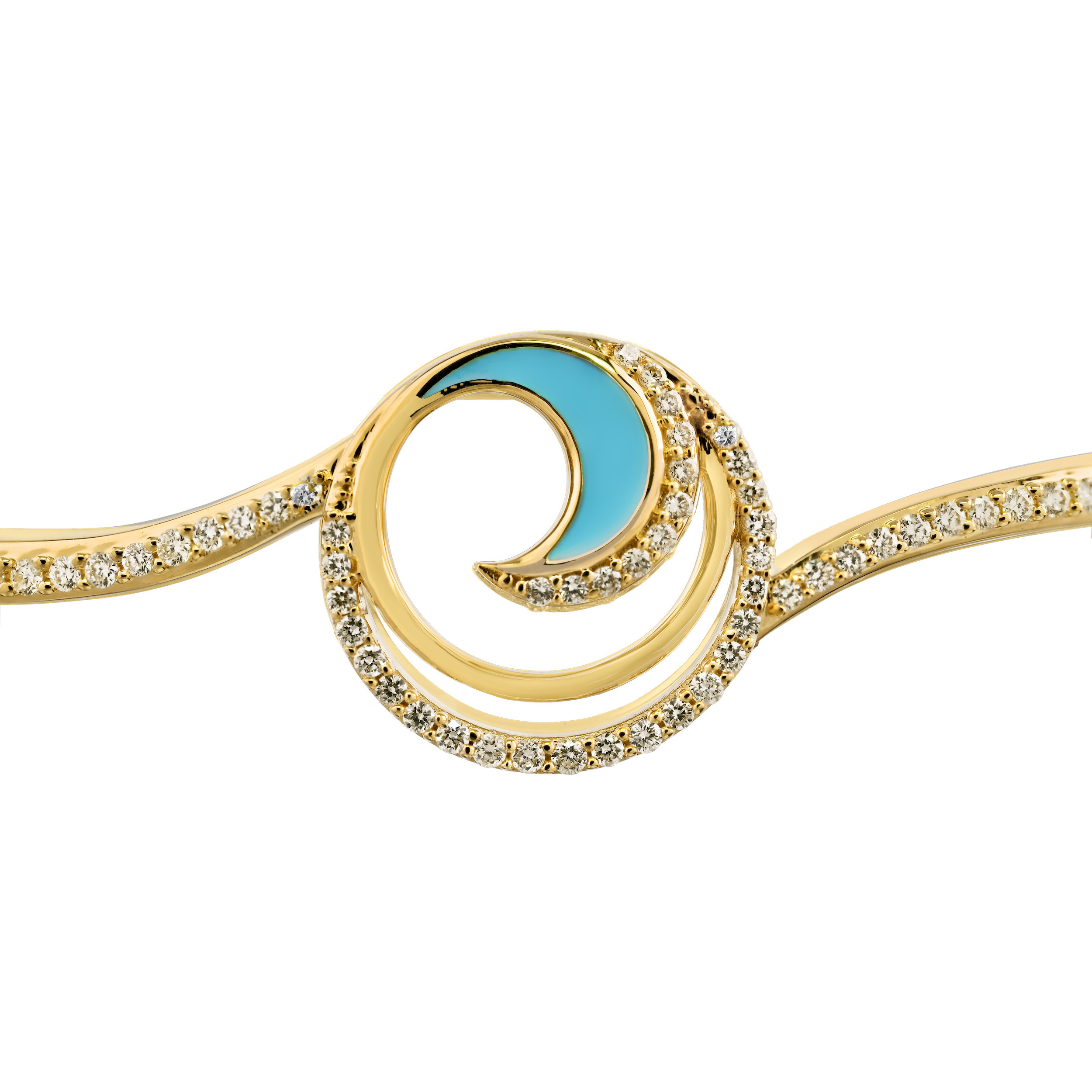 Oceanity&trade; 14K Yellow Gold Bangle Enamel Wave in Circle Hinged Diamond 0.65 Ctw