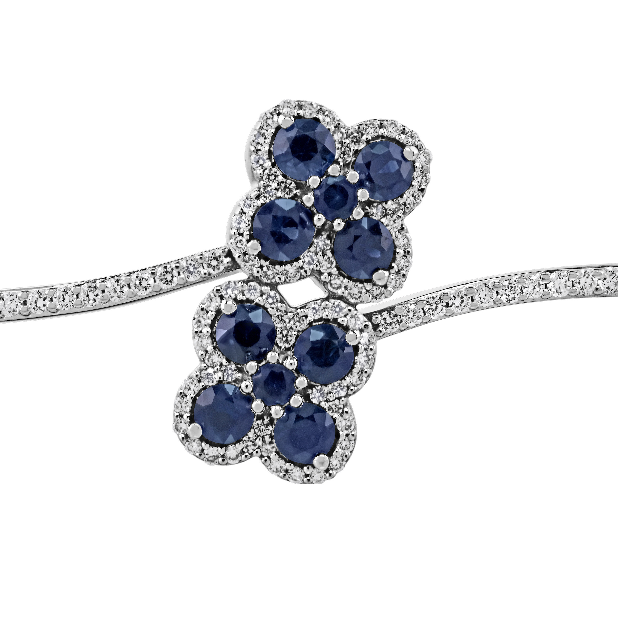 Majestic Gems&trade; 14k White Gold Color Stone Clover Bypass Hinged Blue Sapphire & Diamond 1.69 Ctw