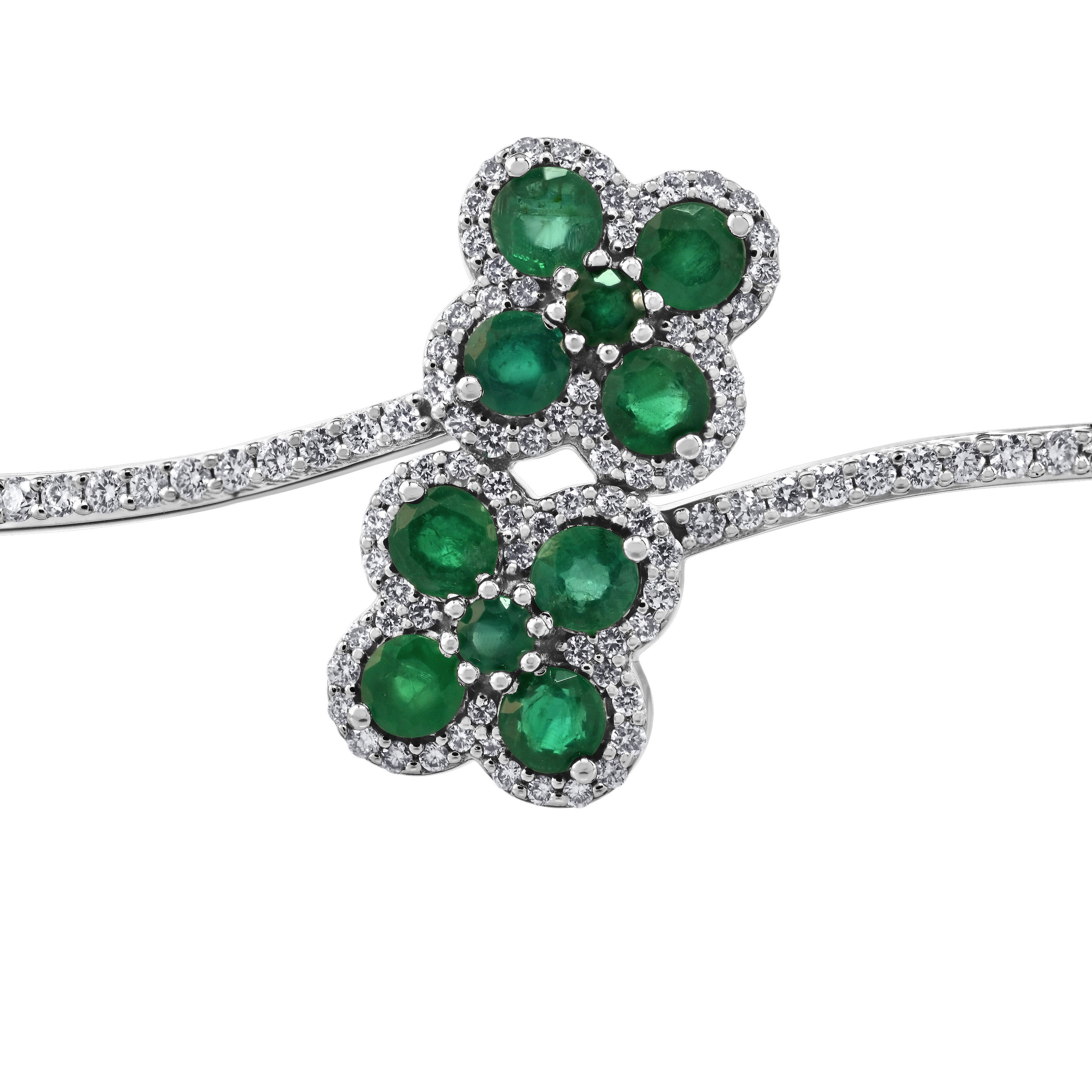 Majestic Gems&trade; 14k White Gold Color Stone Clover Bypass Hinged Emerald & Diamond 1.69 Ctw