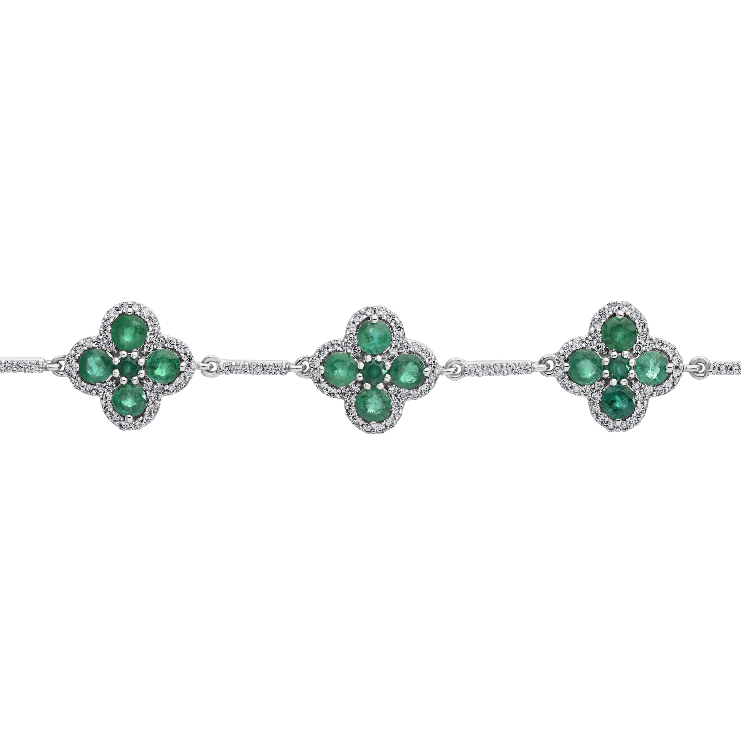 Majestic Gems&trade; 14k White Gold Color Stone Clovers with Diamond Bars Between Emerald & Diamond 4.60 Ctw