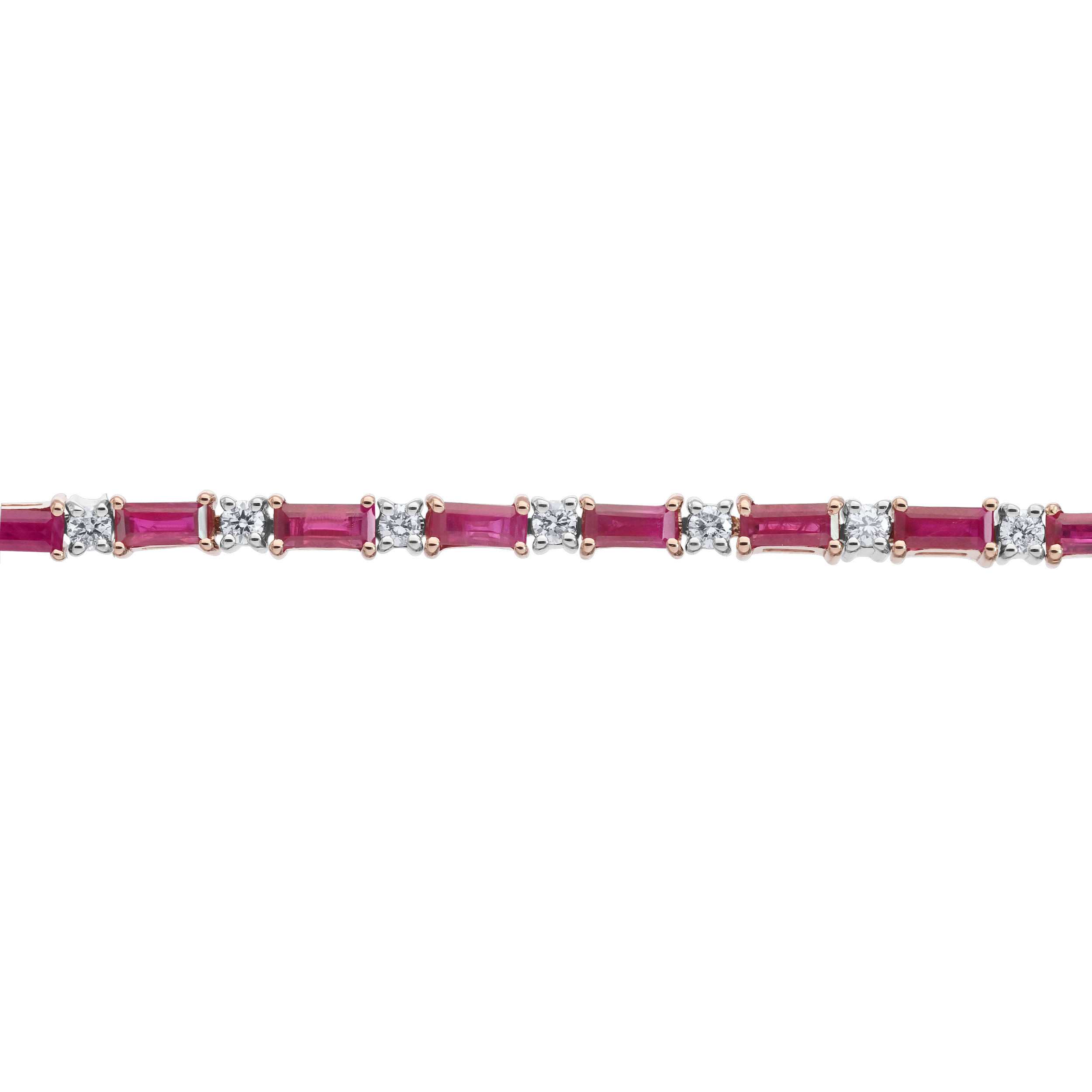 Majestic Gems&trade; 14k Rose Gold Baguette Color Stone with Round Diamond Between Ruby & Diamond 3.78 Ctw