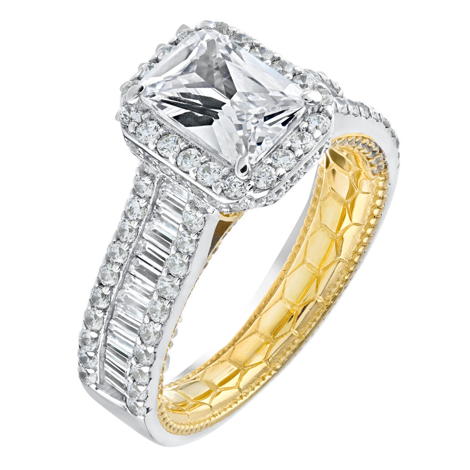 Enchanted Love&trade; 14K Two Tone Diamond 1.33 Ctw Emerald Halo Channel Set Baguette Shoulders with Prong Set Round Rails Takes 8*6 Center Semi-Mount Engagement Ring