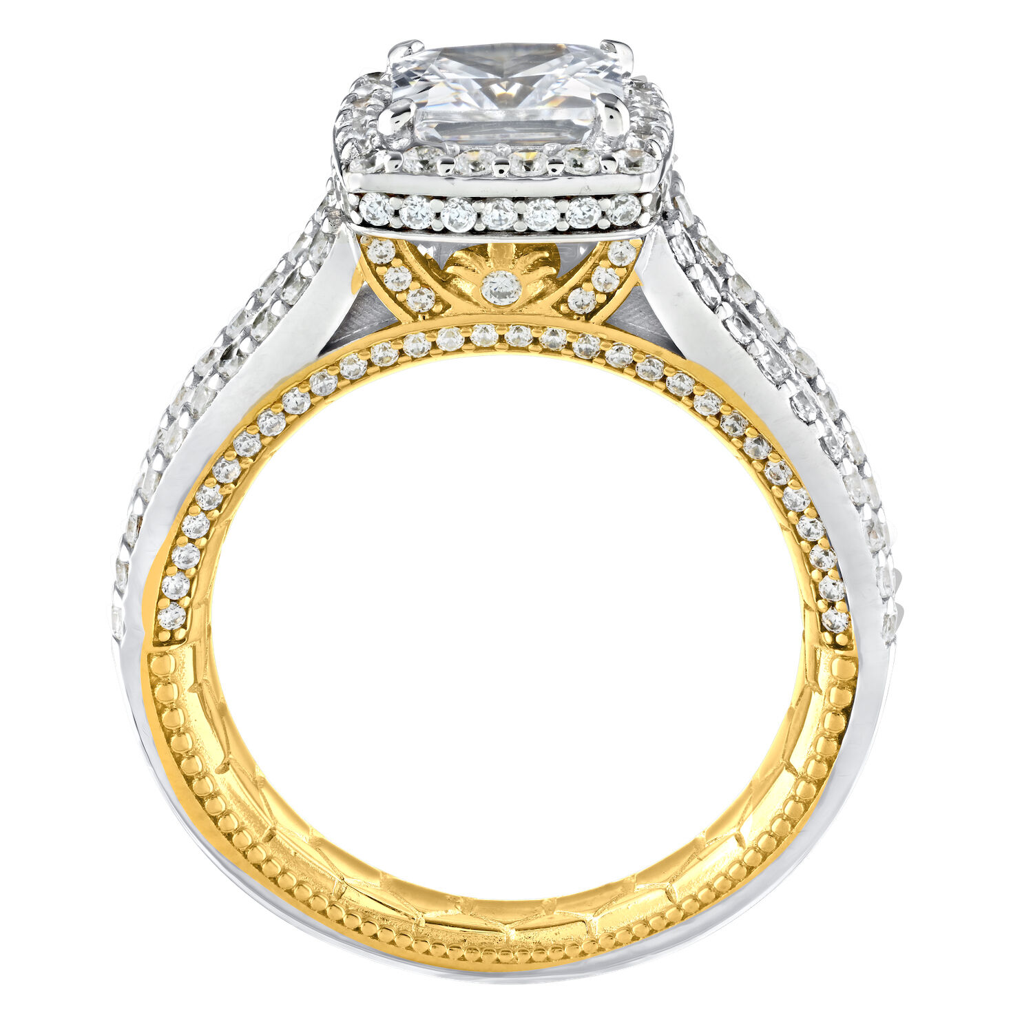 Enchanted Love&trade; 14K Two Tone Diamond 1.33 Ctw Emerald Halo Channel Set Baguette Shoulders with Prong Set Round Rails Takes 8*6 Center Semi-Mount Engagement Ring