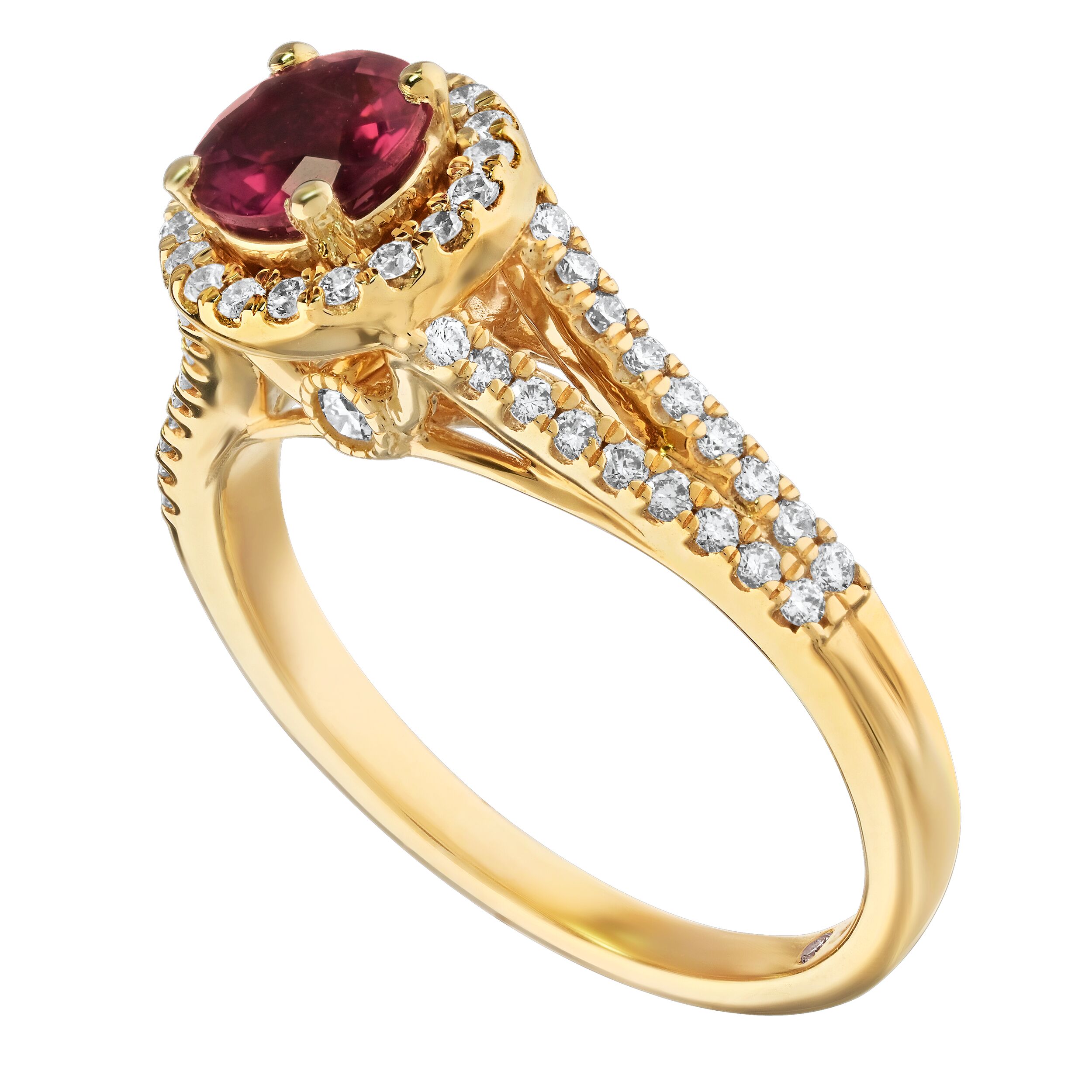 RedVelvet&trade; 14K Yellow Gold Round Center with Halo Split Shank Ring 0.96 Ctw Natural Rubellite