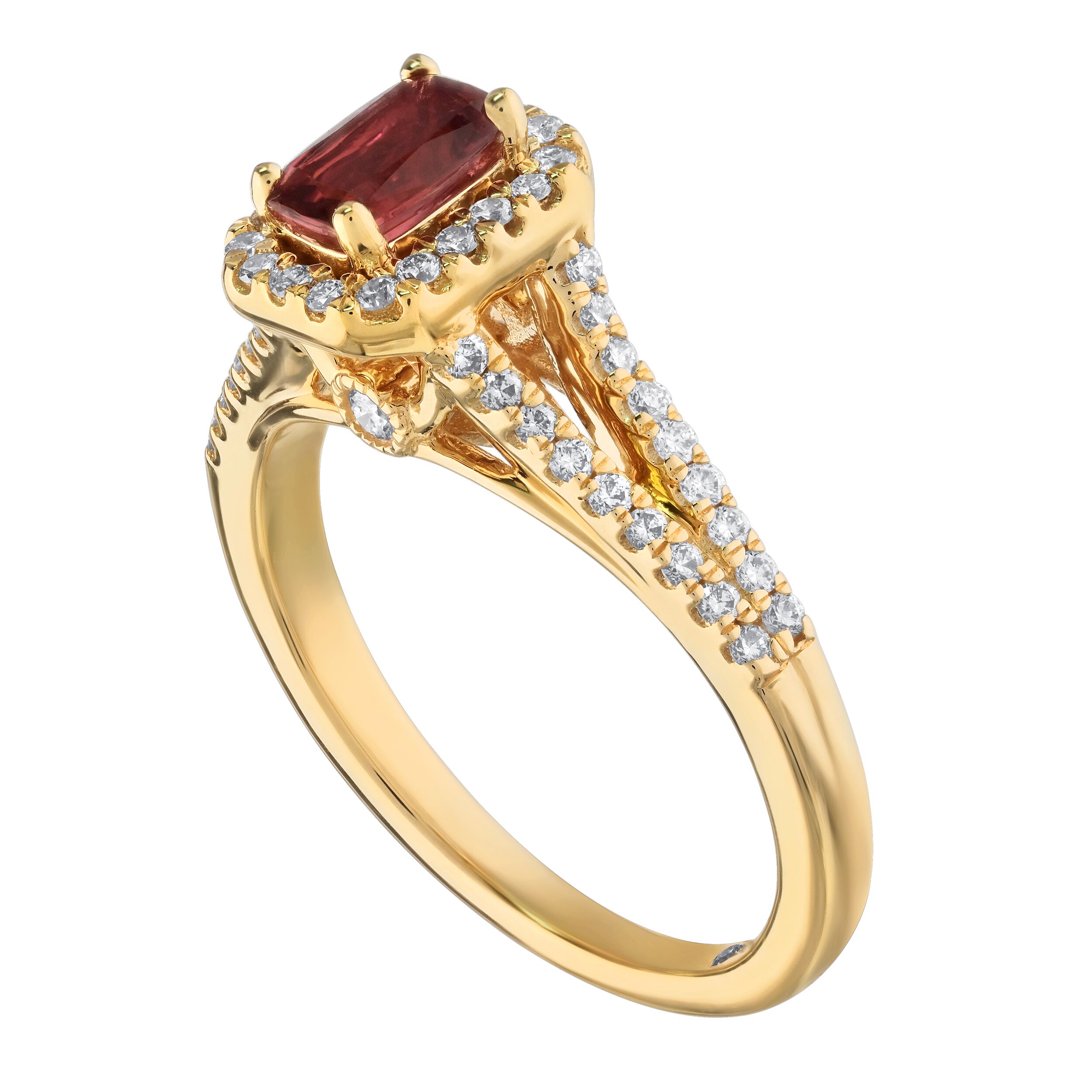 RedVelvet&trade; 14K Yellow Gold Elongated Cushion Center Halo Split Shank Ring 0.89 Ctw Natural Rubellite